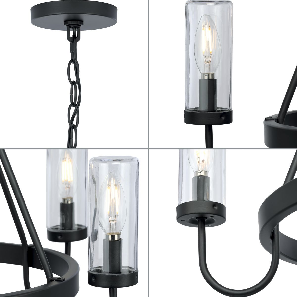 Matte Black Outdoor Cage Chandelier with Clear Glass Shades