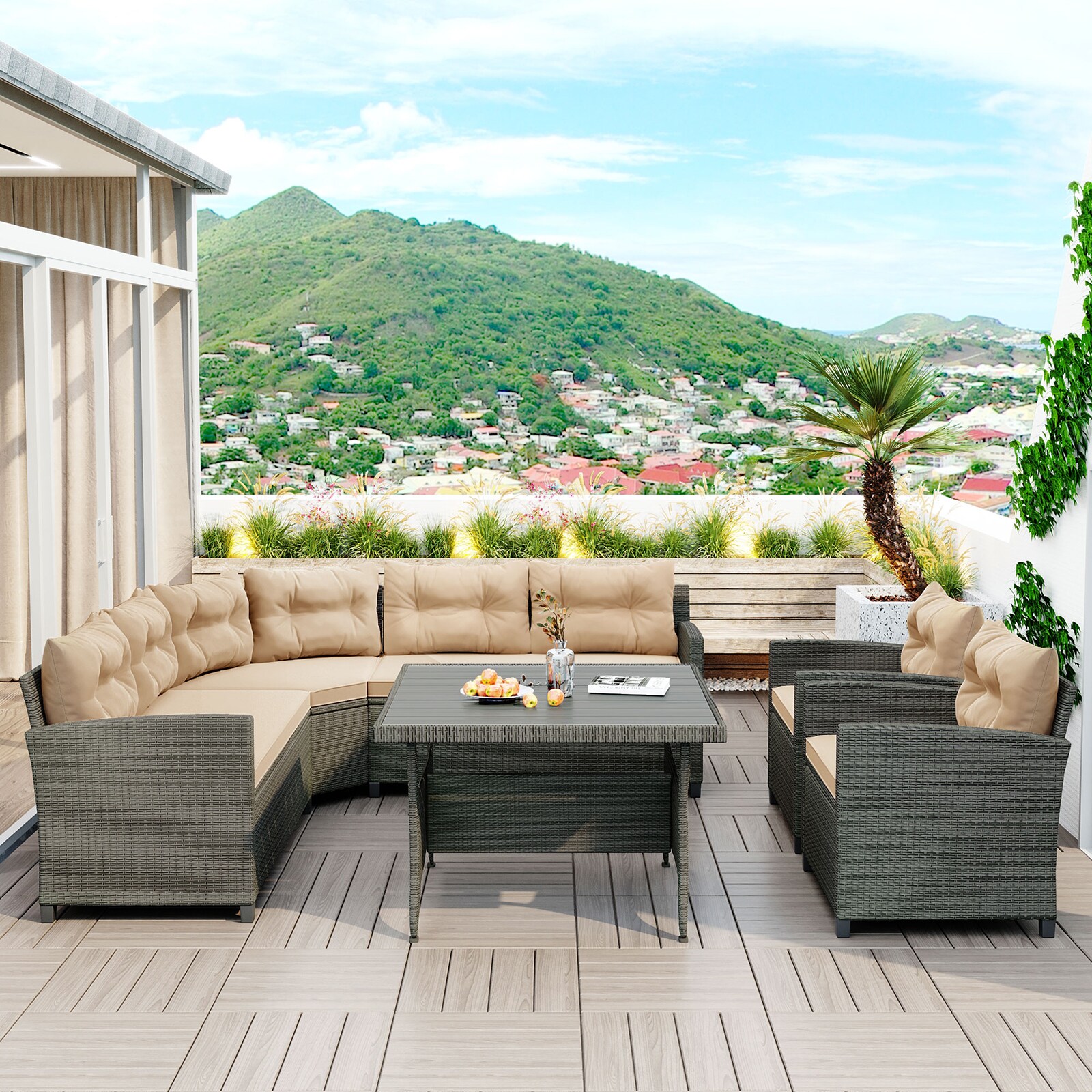 Mondawe 6-Piece Rattan Patio Conversation Set With Tan Cushions At ...