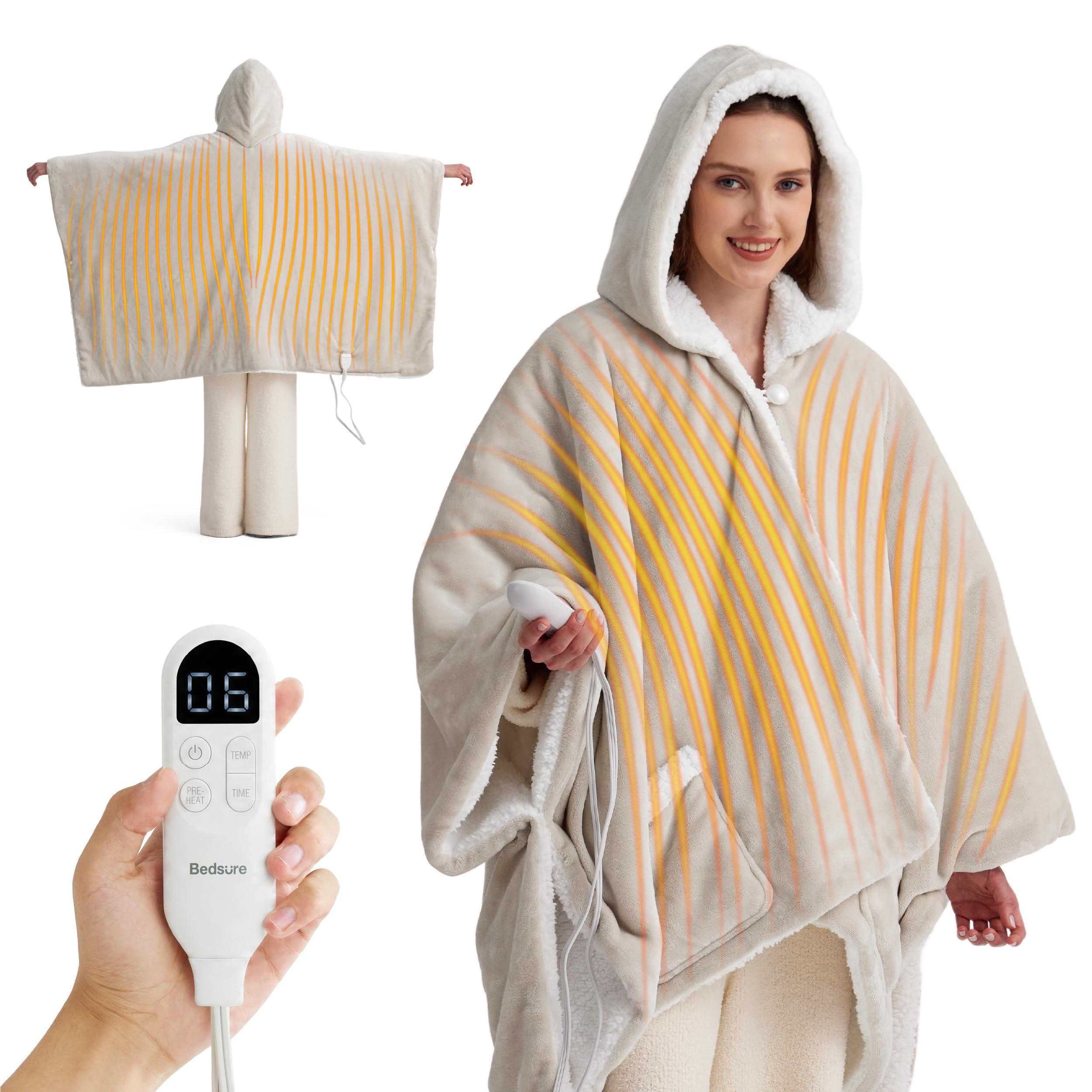 Bedsure 55x64 Throw Pumice Stone Wearable Heated Blanket Hoodie Shawl