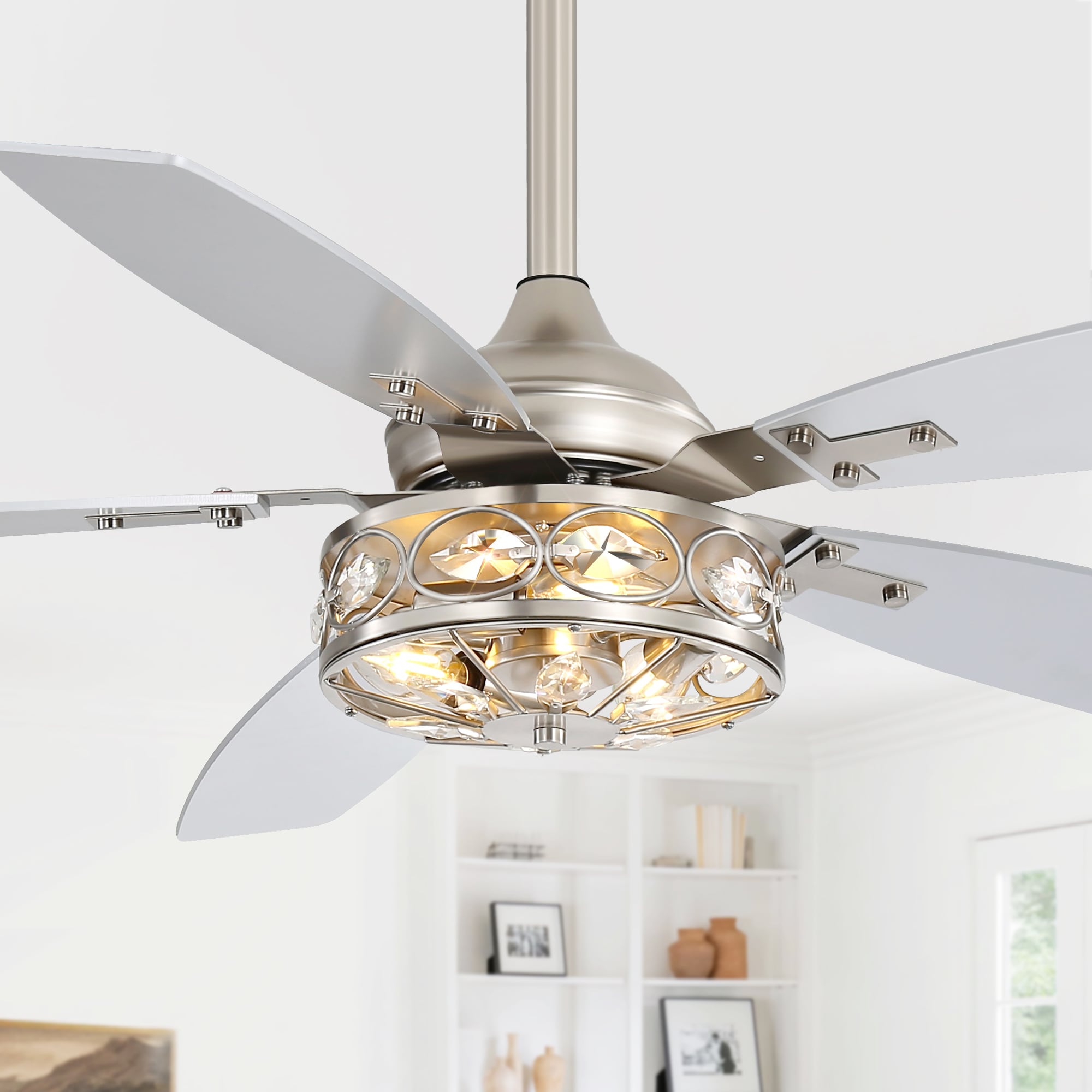 Breezary 35060-SN 48-in Integrated LED Satin Nickel with Matte Sliver Blades Ceiling Fan With Light - Remote Included ( 5 -Blade )