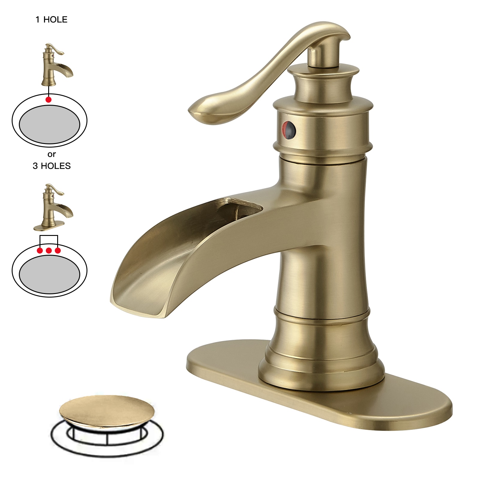 BWE A-96556-BG-M2 Brushed Gold Single hole 1-handle WaterSense Waterfall Commercial/Residential Handle Bathroom Sink Faucet with Drain with Deck Plate
