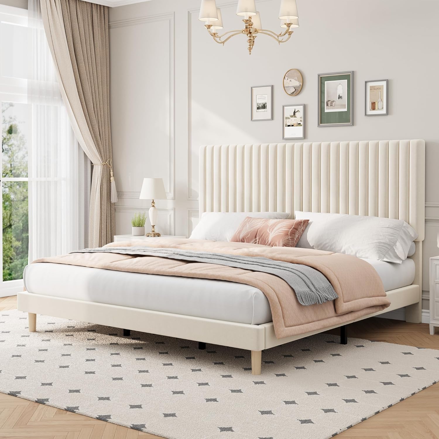GAOMON - King Size Iron + MDF Tall Vertical Stripe Bed Frame- Beige Upholstered Bed with Modern D...