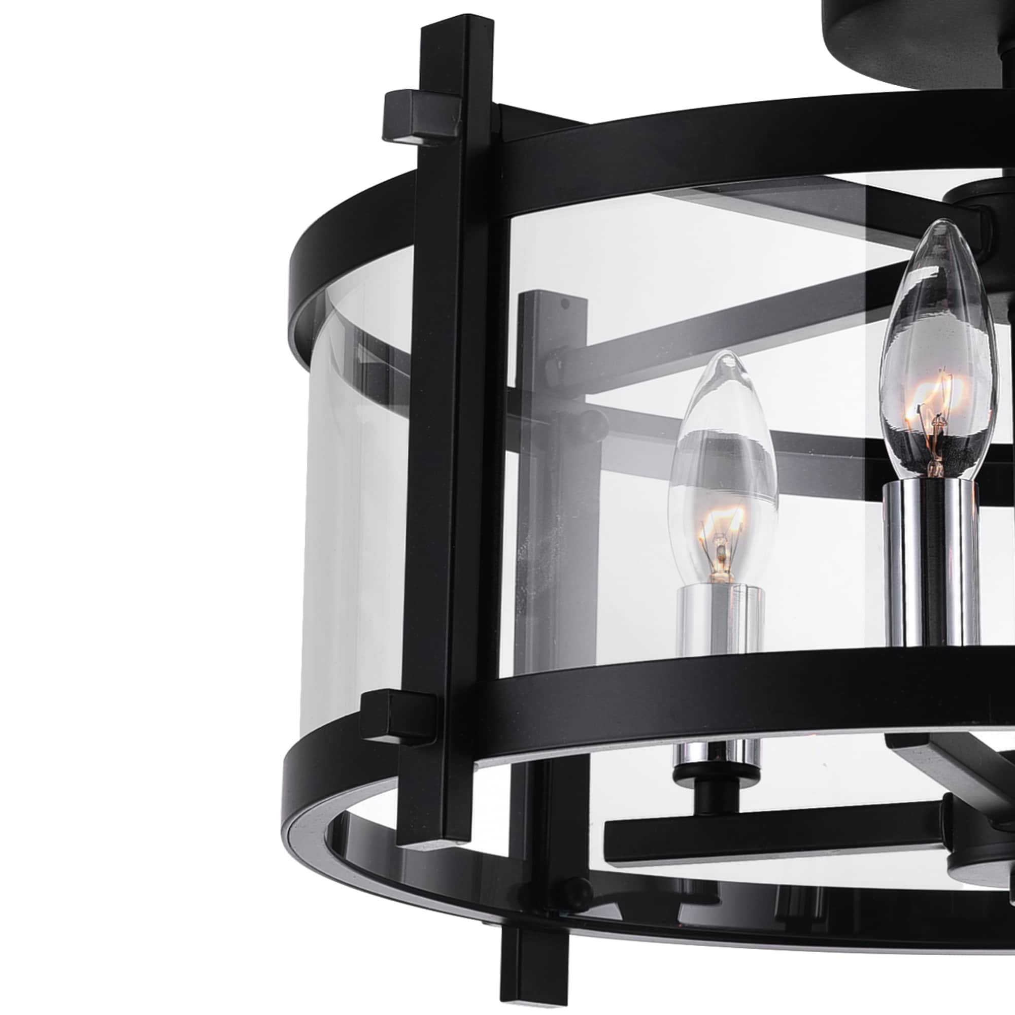 Black Steel and Glass Drum Semi Flush Mount Light