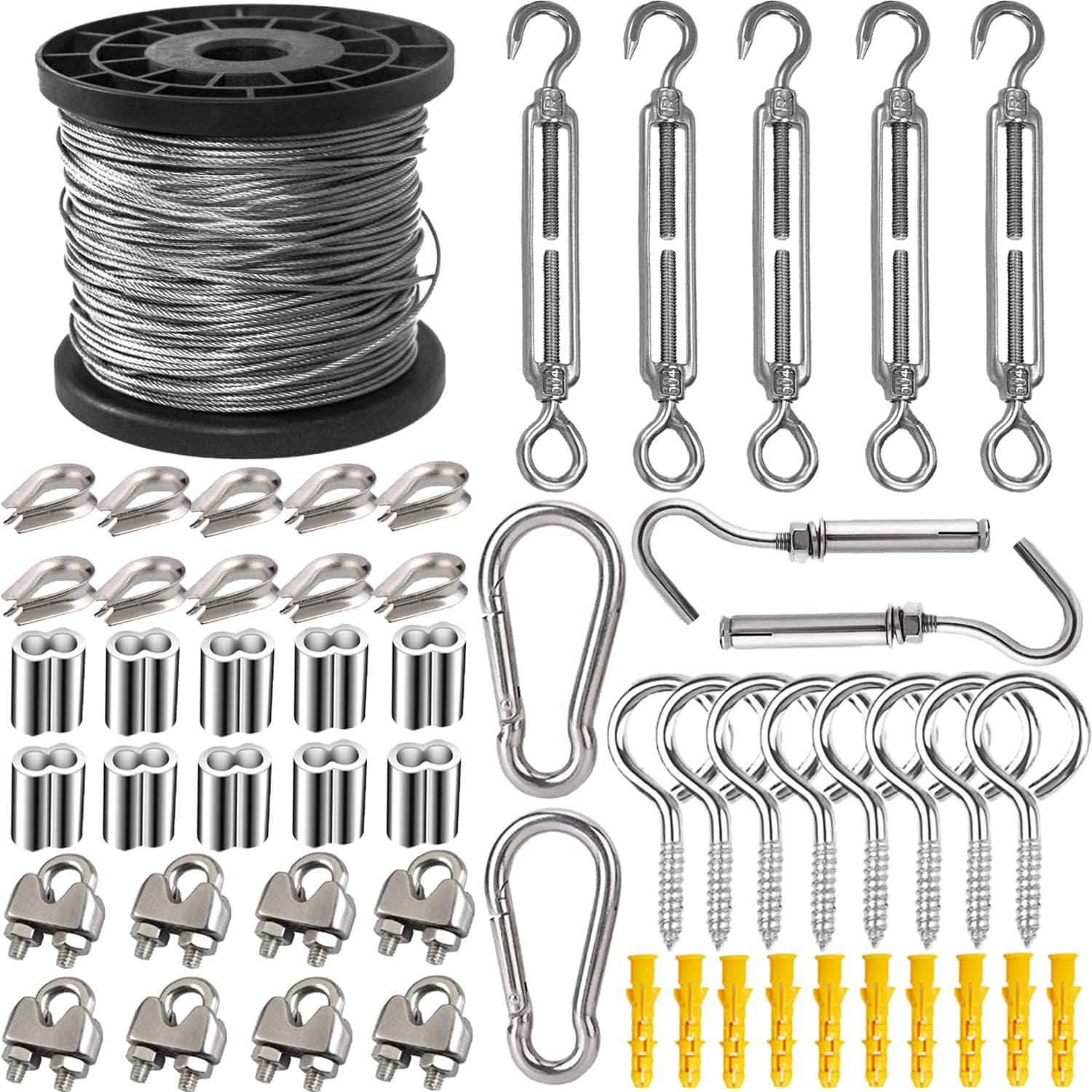 Numhew 100ft L 1/16in W 7x7 Strand 2mm Vinyl Coated Polished Stainless Steel Wire Rope Kit with Turnbuckles 2mm Silver Cable