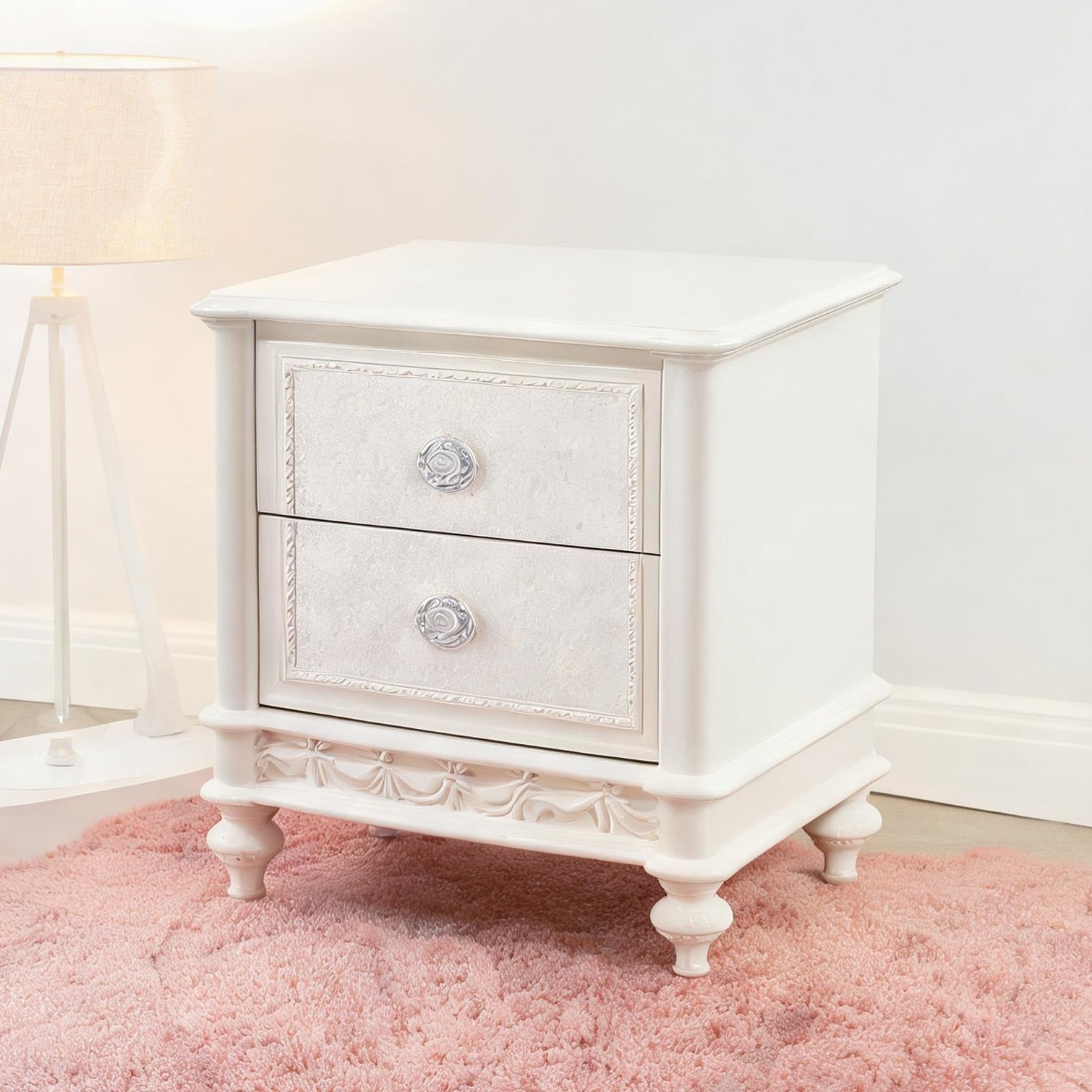 BBabe - Ivory Finished Two-Drawer Pine Nightstand with Felt-Lined Top Drawer for Bedroom Organiza...
