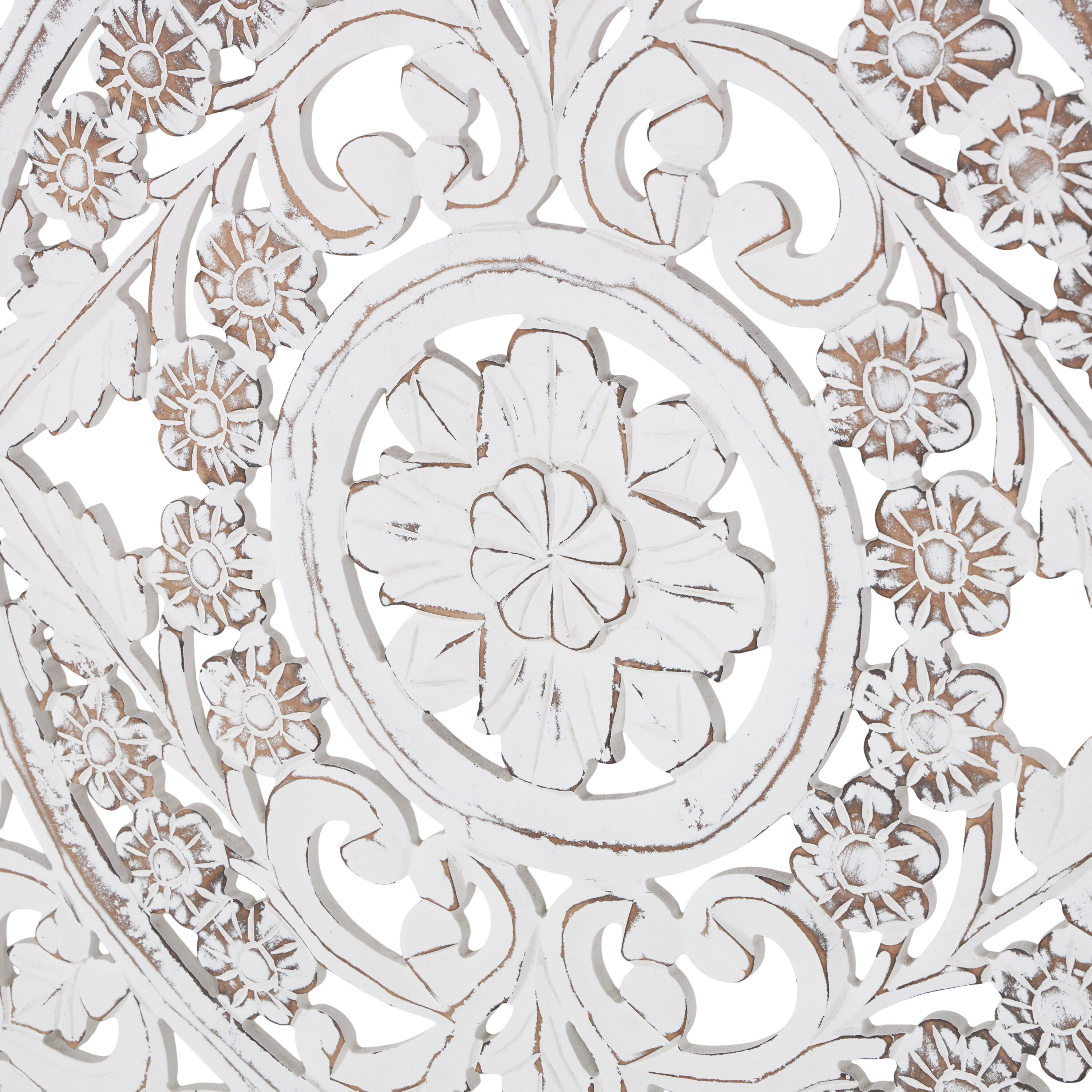 Whitewashed Wood Botanical Carved Wall Panel, 36" Square