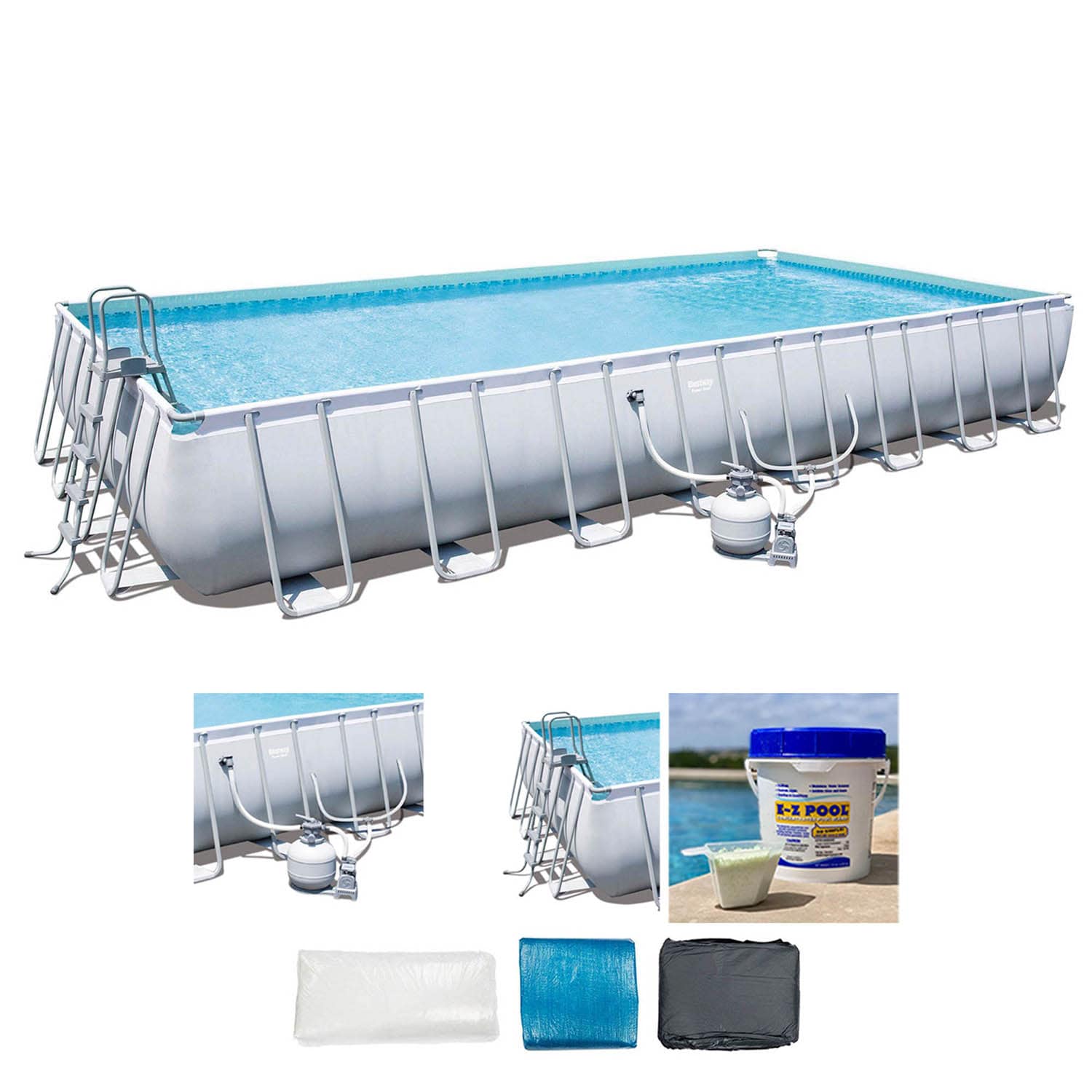 Bestway 254267 31.3-Feet x 16-Feet x 52-Inches Metal frame Rectangle Above-Ground Pool with Filter Pump with Pool Cover with Ladder