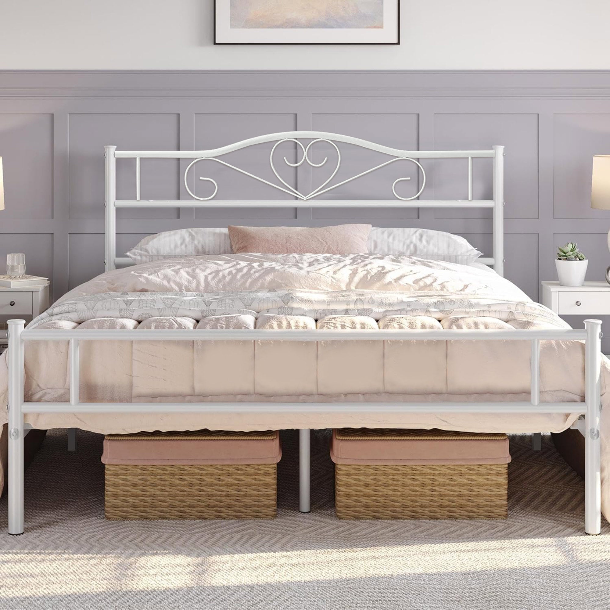 Vecelo LOE-YT-F11-WHE Full Size Bed Frame Metal Slats Support Platform White