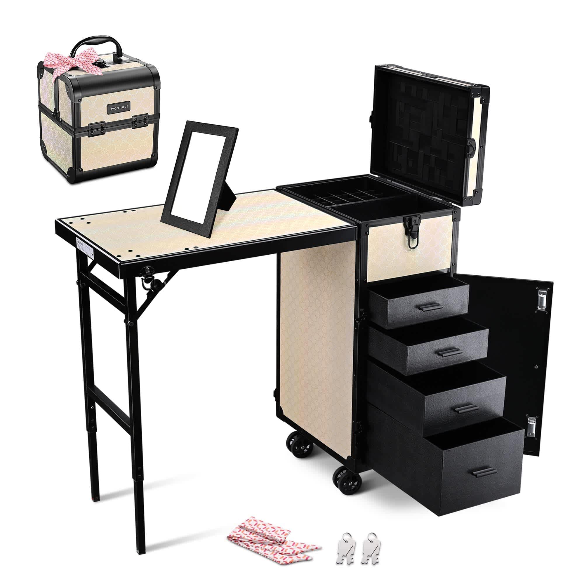 Yescom 12MKCSET-2728-F10-LO Byootique Rolling Makeup Train Case Nail Table w/ Cosmetic Cube Case Aluminum