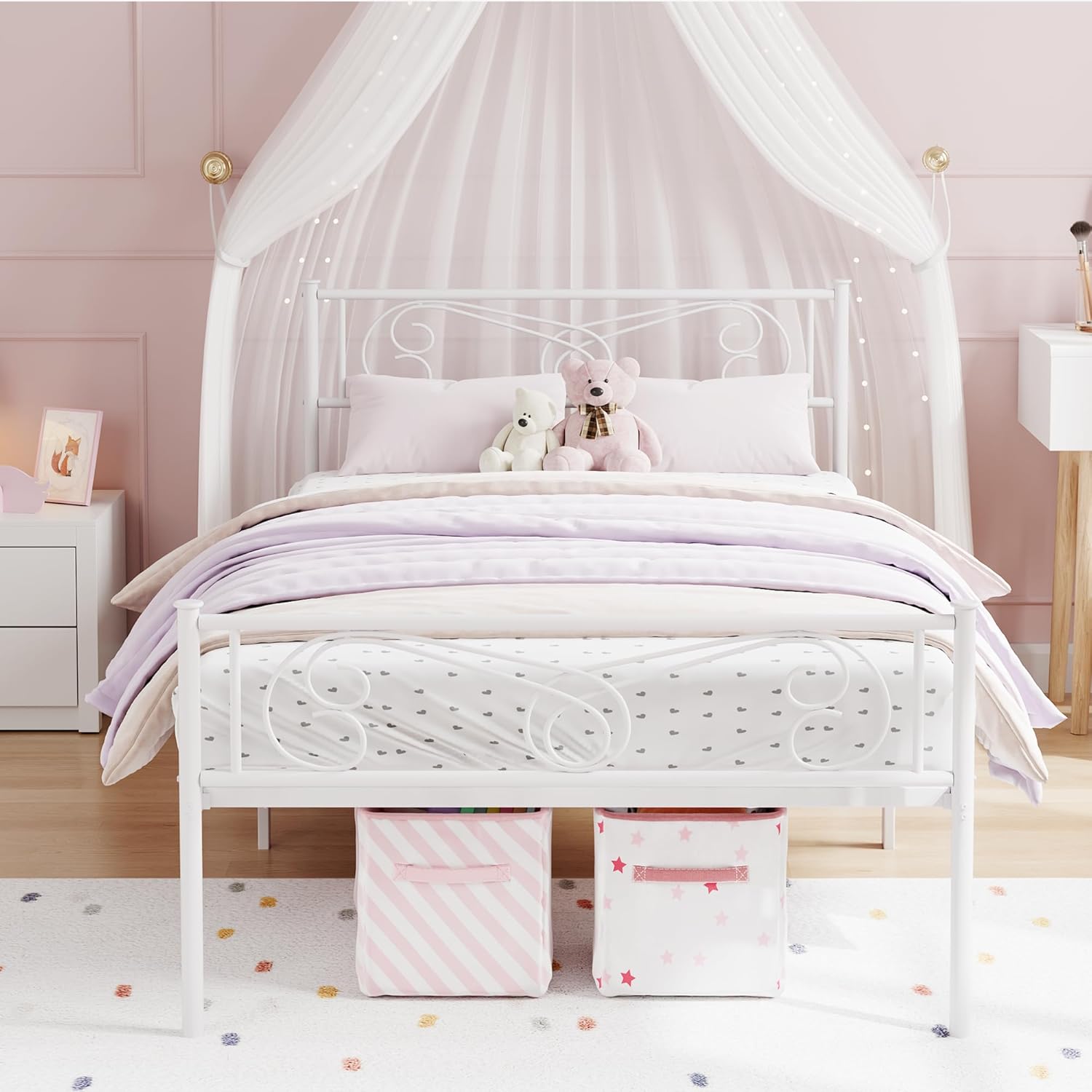 Qeetex DHZ-PHO-0XBE8IQ0 Twin Bed Frames for Kids Metal Bed Frame with Headboard and Footboard Twin Size Metal Platform Bed Frame Heavy Duty Bed Slats Support No Box Spring Needed Noise Free White