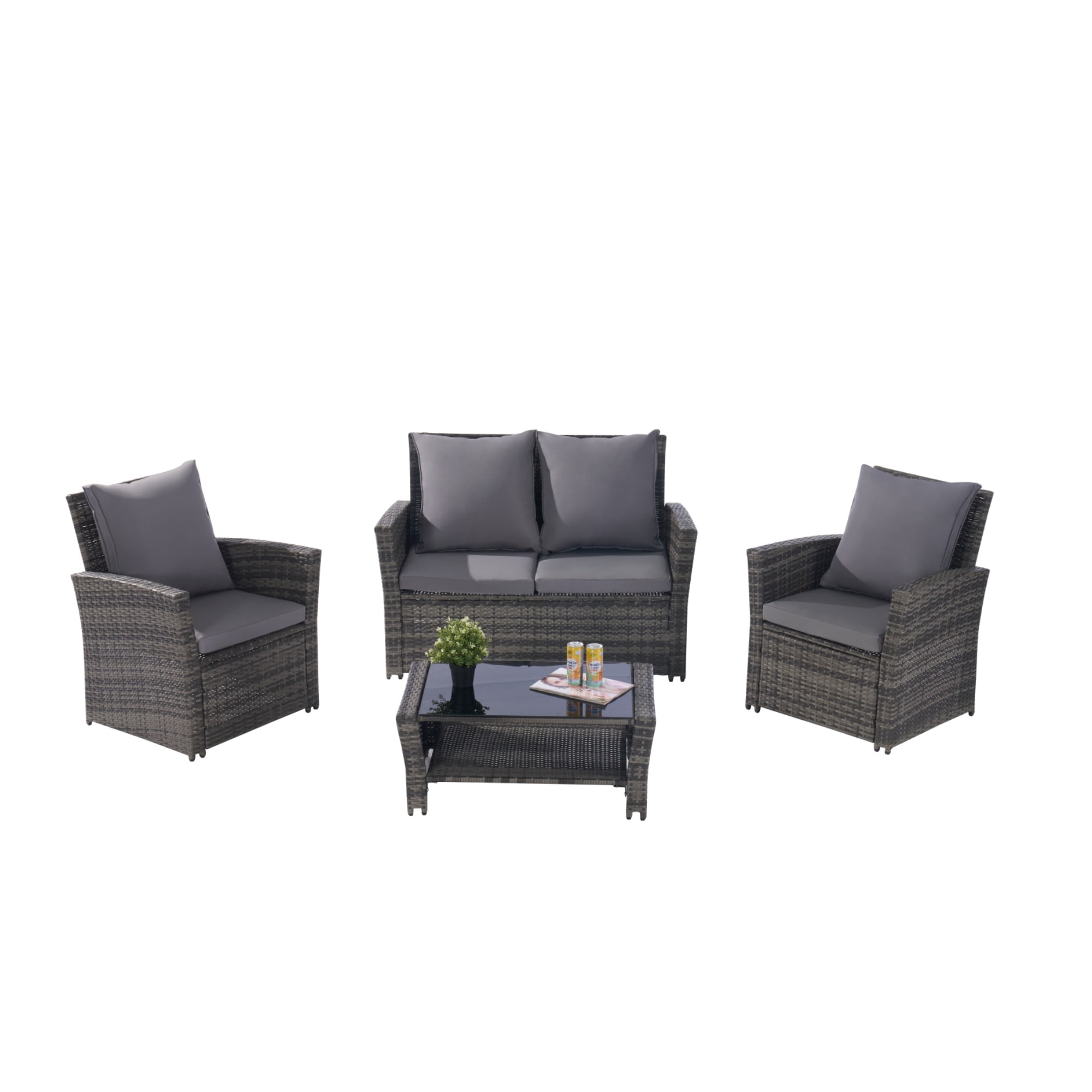 AHIOU HOME ZAAHG-P146980SF Laila 4 -Piece Wicker Patio Conversation Set with Gray Cushions