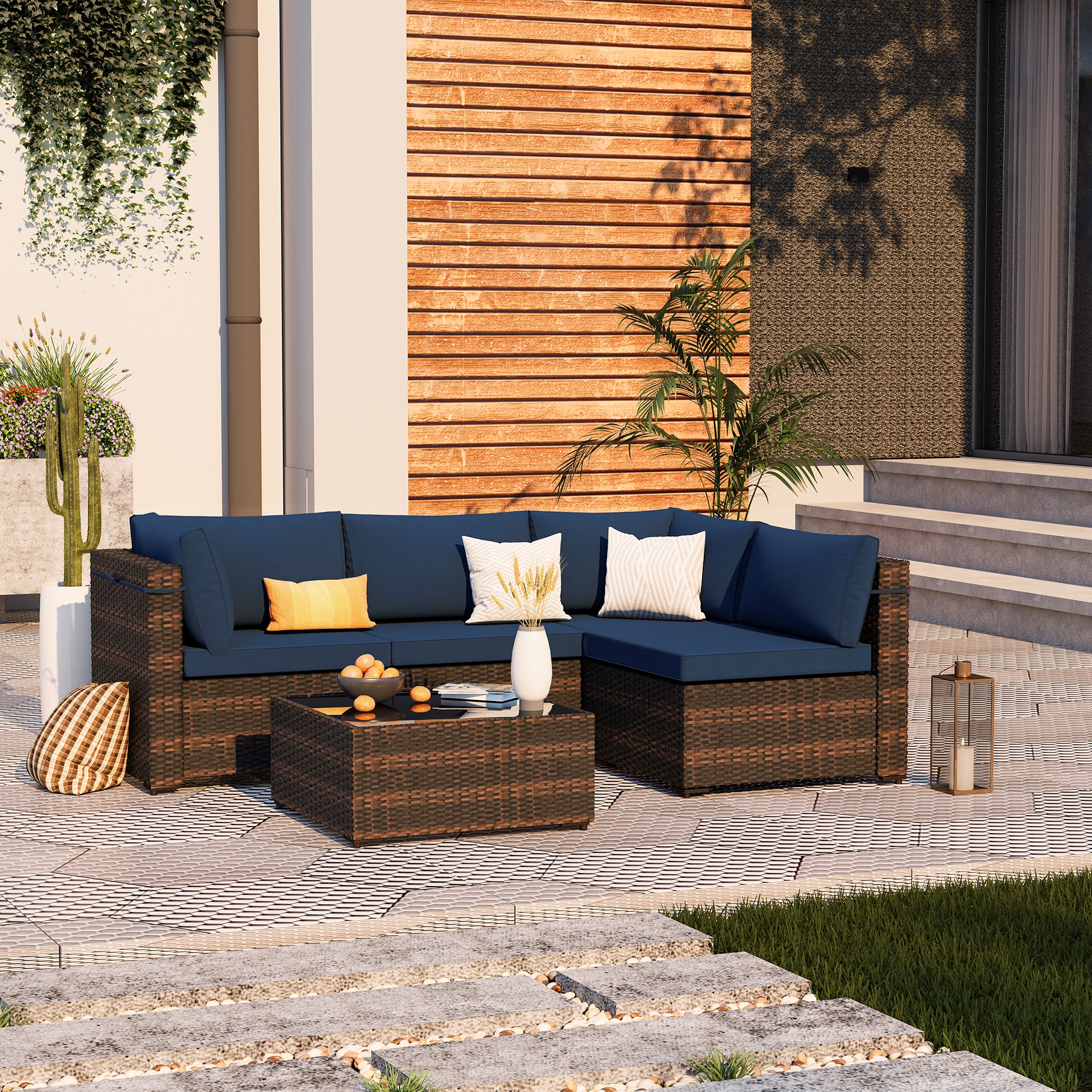 Patio Watcher RT-OD6-B-NABLUE 5 -Piece Rattan Patio Conversation Set with Blue Cushions