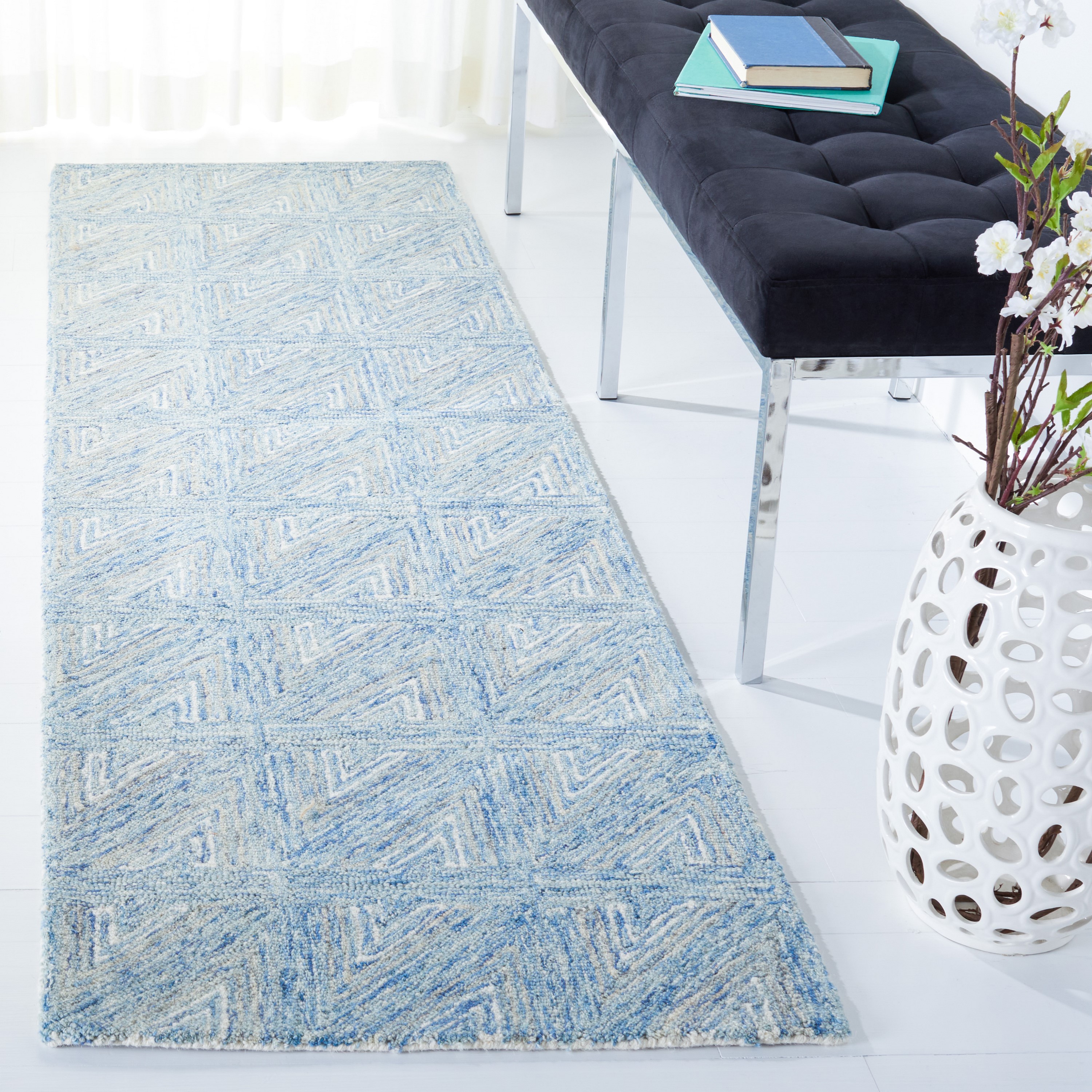 Blue and Beige Abstract Hand Tufted Wool Runner Rug