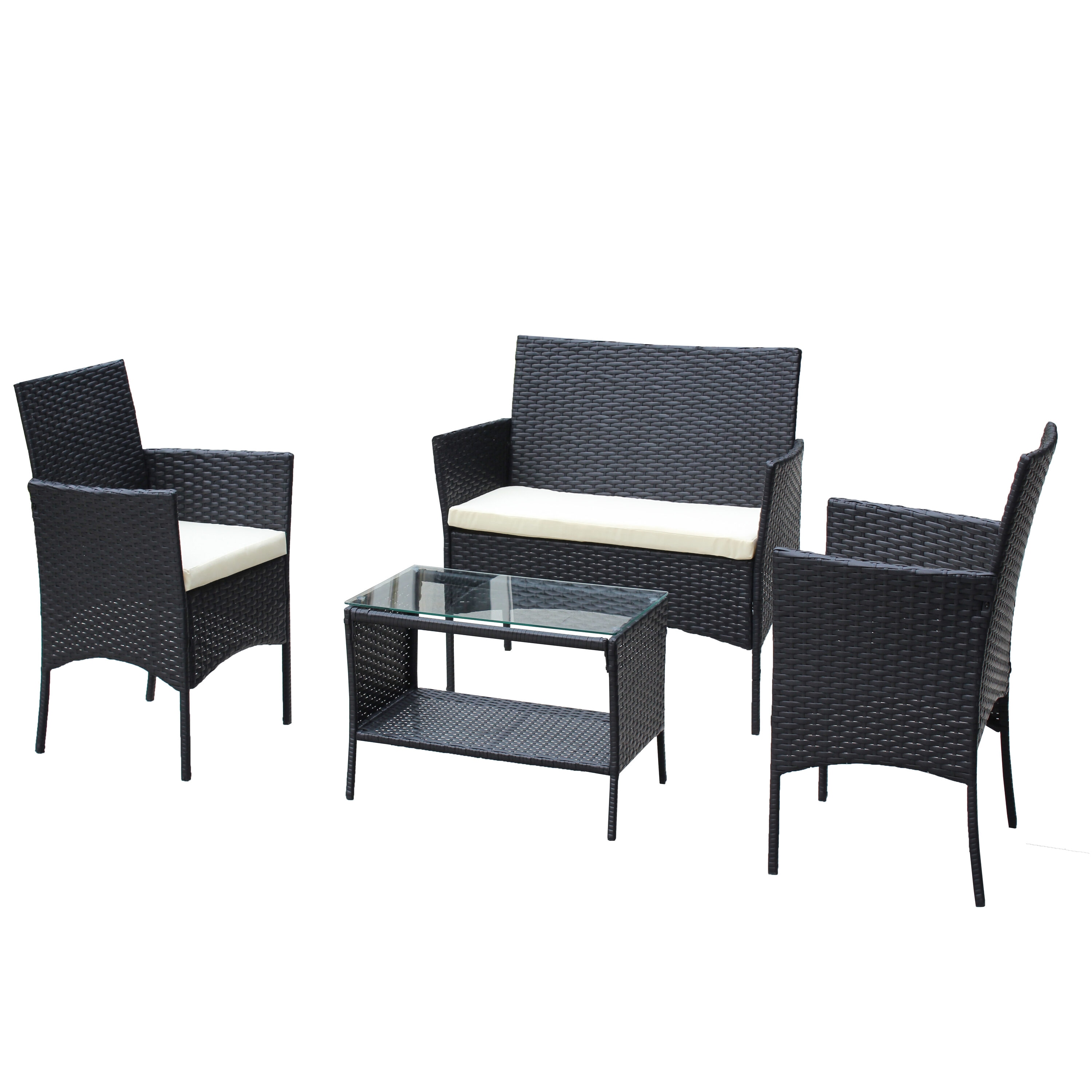 Forclover CRF-85037 RF Wicker Patio Conversation Set 4 -Piece Wicker Patio Conversation Set with Off-white Cushions