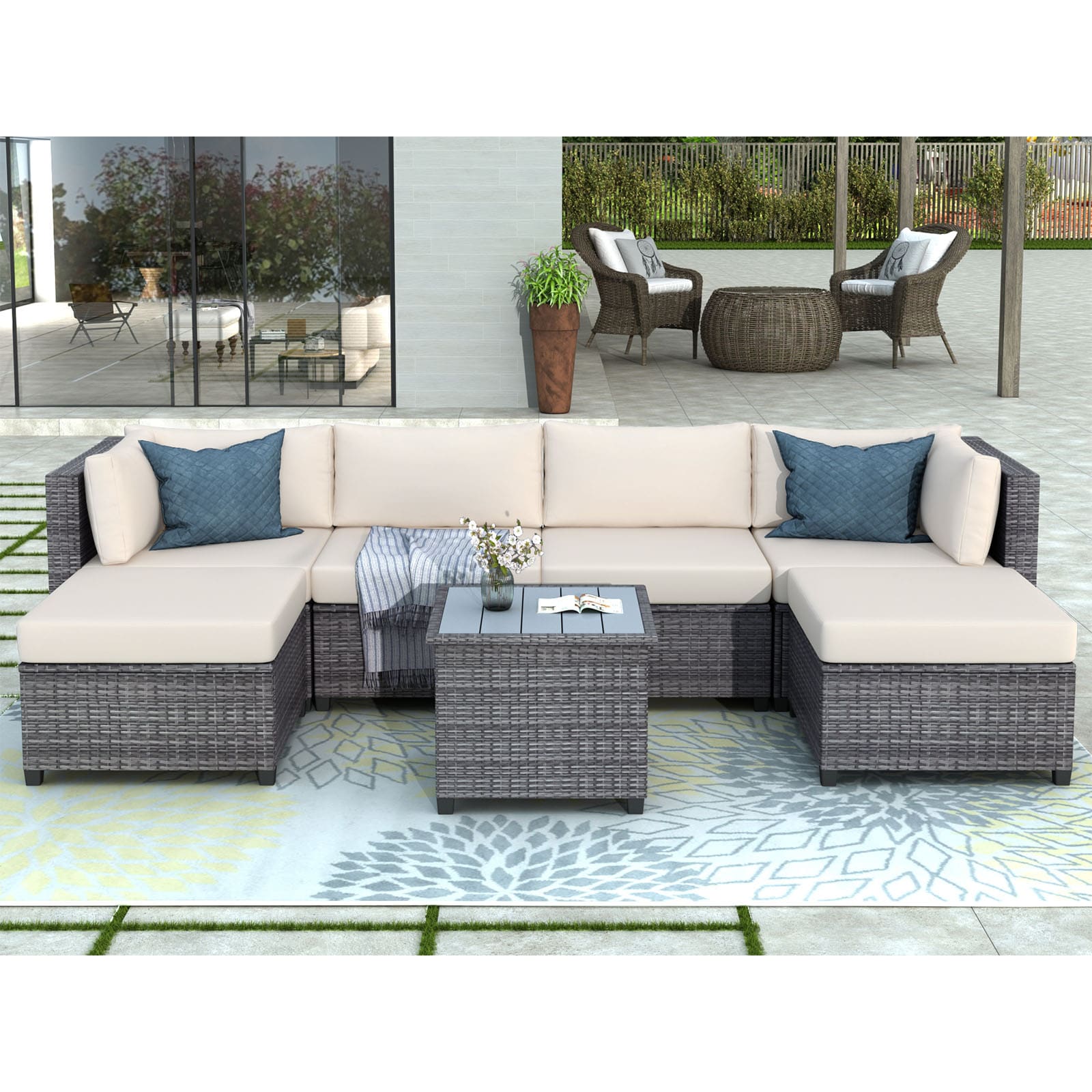 WELLFOR CAN-DR338W CH Furniture Patio Conversation Set 7 -Piece Wicker Patio Sofa Conversation Set with White Cushions