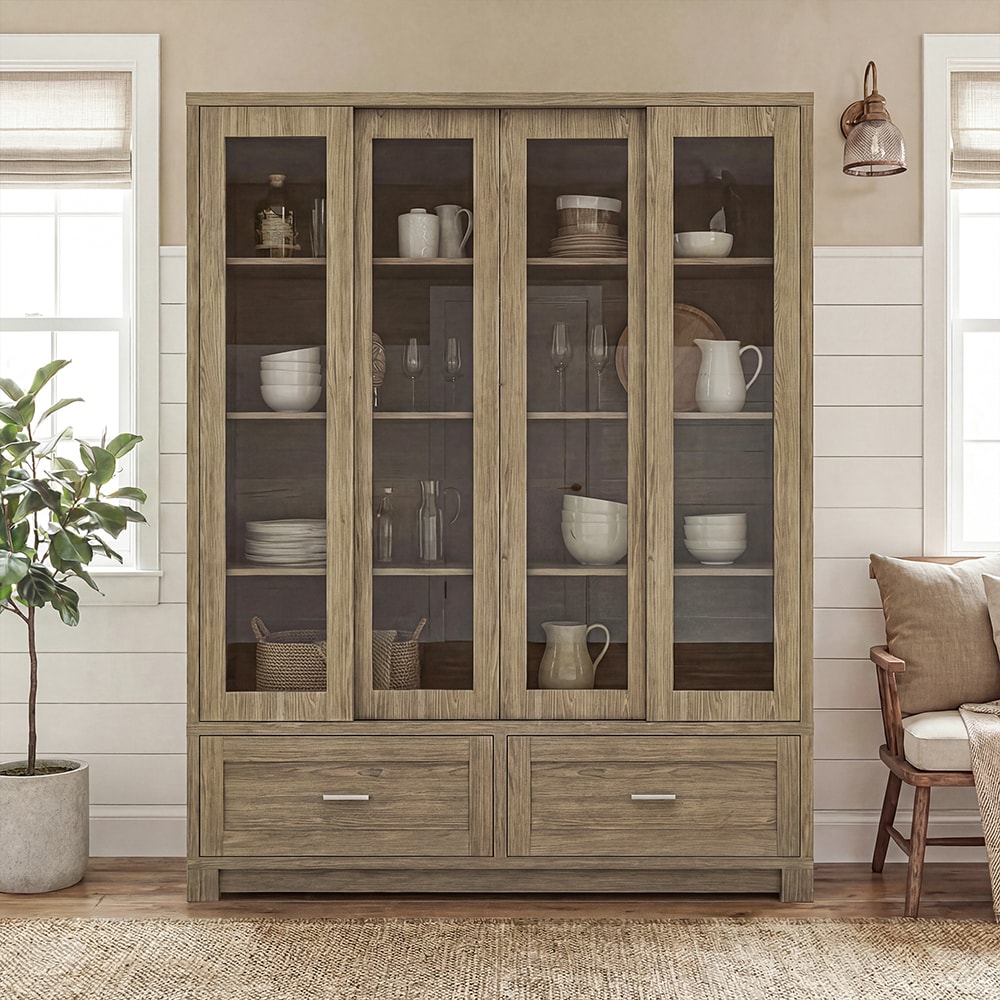 Homsee   Wide Sliding Door Dish Cabinet with Tempered Glass 4 Door 2 Drawer Kitchen Storage Cabinet Tall MDF China Cabinet Organizer with Fixed Shelves and Anti Tip Kits 63''L x 15.7''W x 74''H Brown
