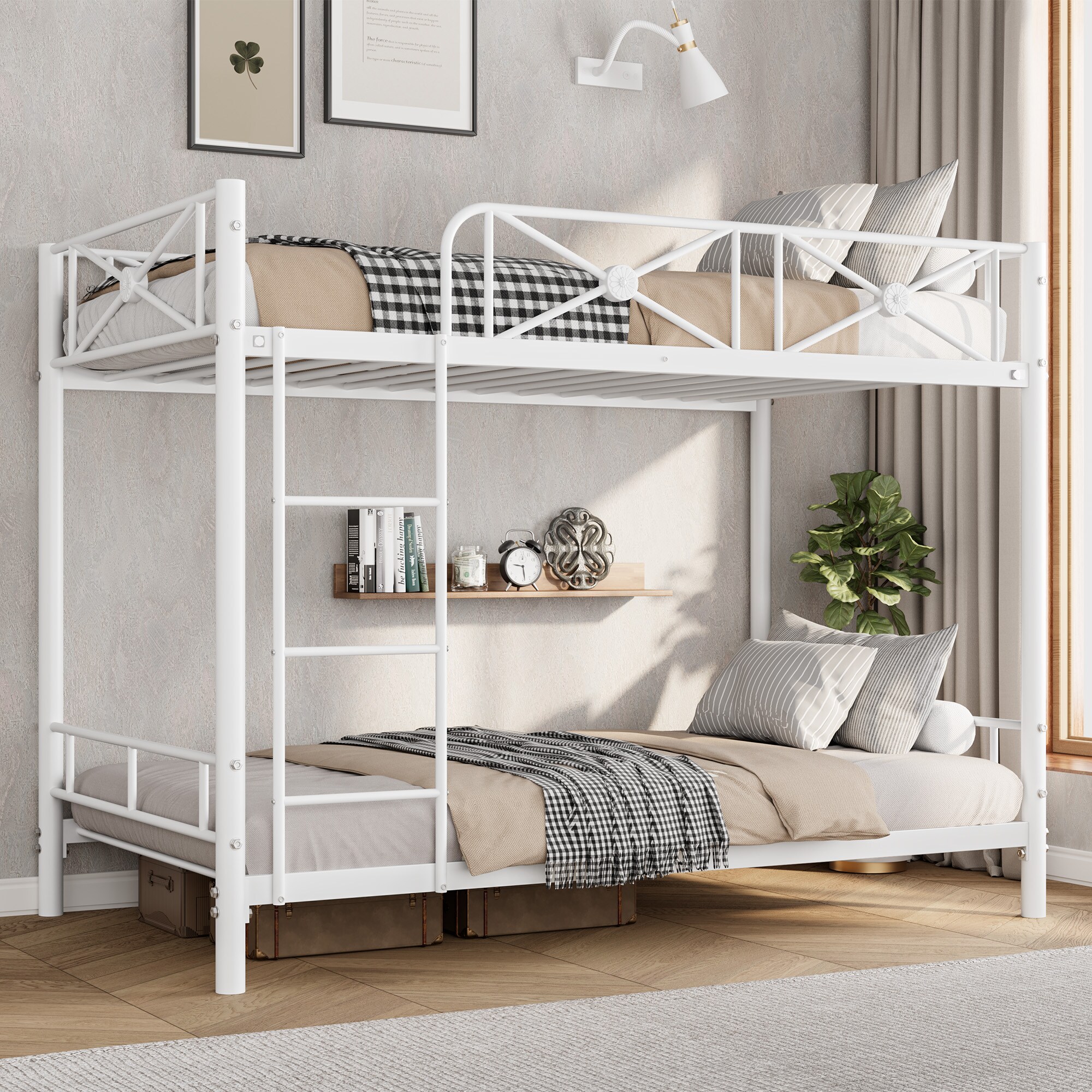 Assile Twin White Metal Bunk Bed Frame with Safety Guard Rails Ladder ...