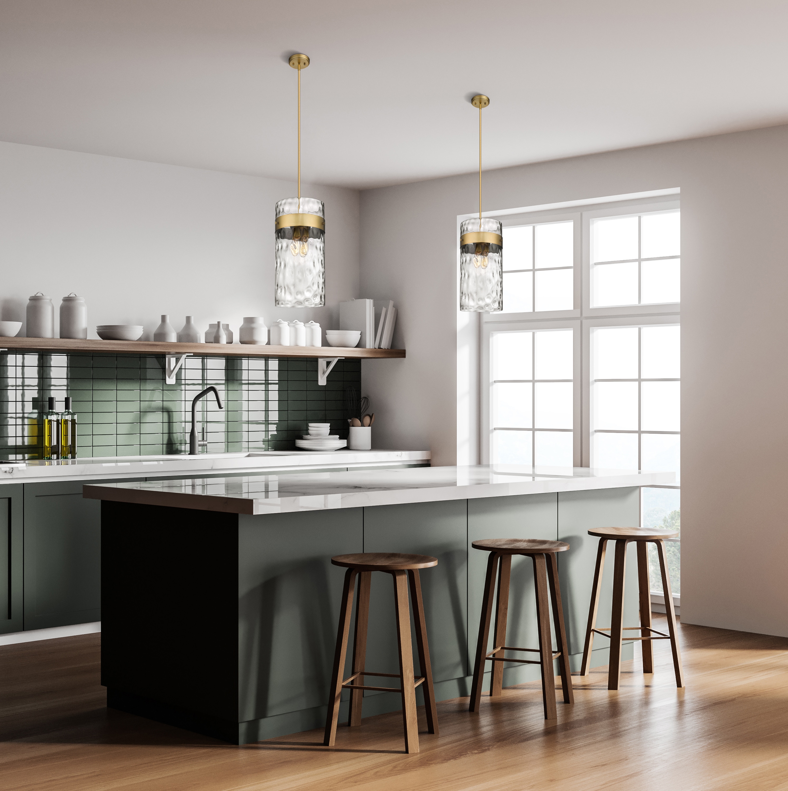 Fontaine Transitional Indoor/Outdoor Rubbed Brass and Glass Pendant