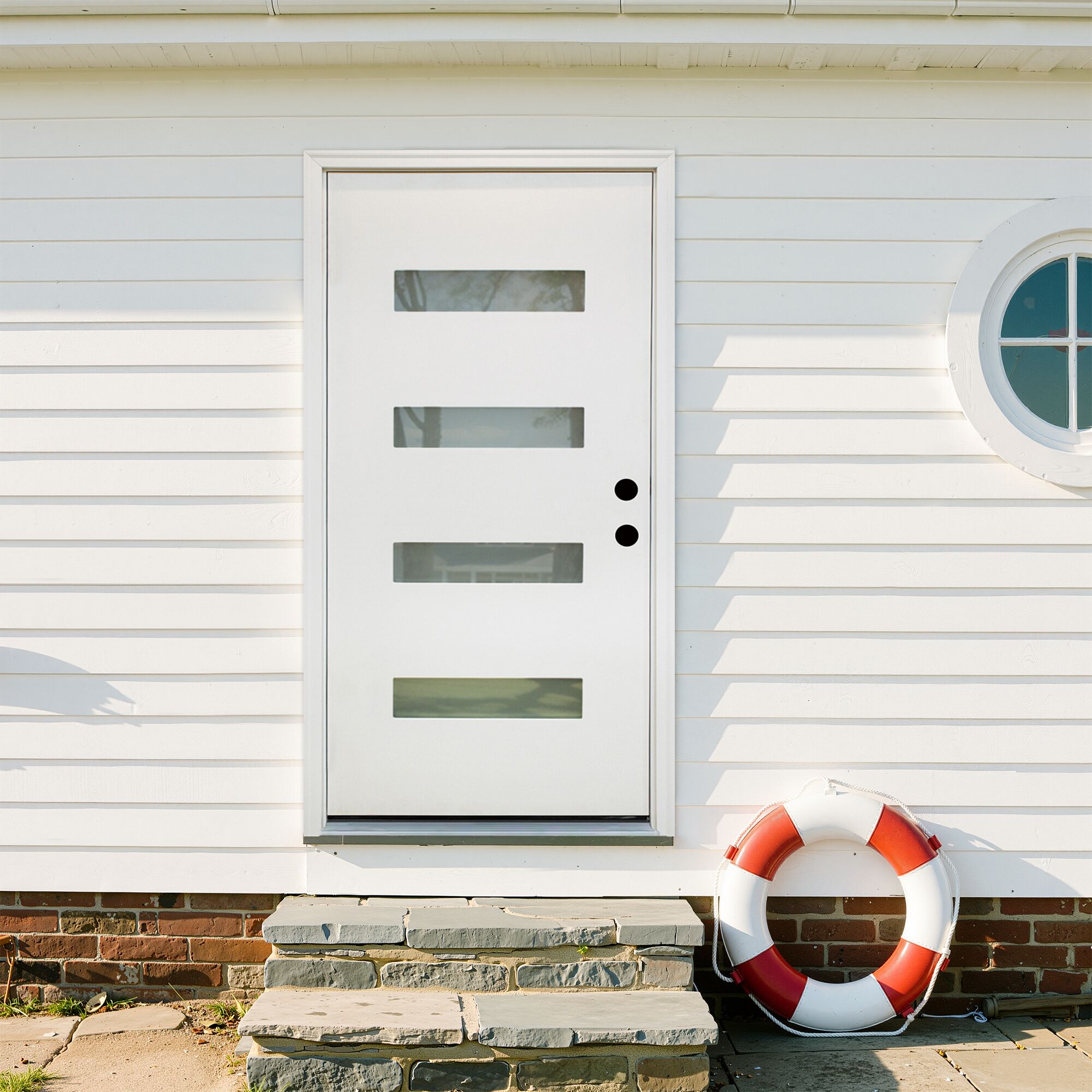 Misty Moon Contemporary 4-Lite 36x80in 4-9/16-in Frosted Glass Smooth Finish White Surface Left-Hand Inswing Fiberglass Door