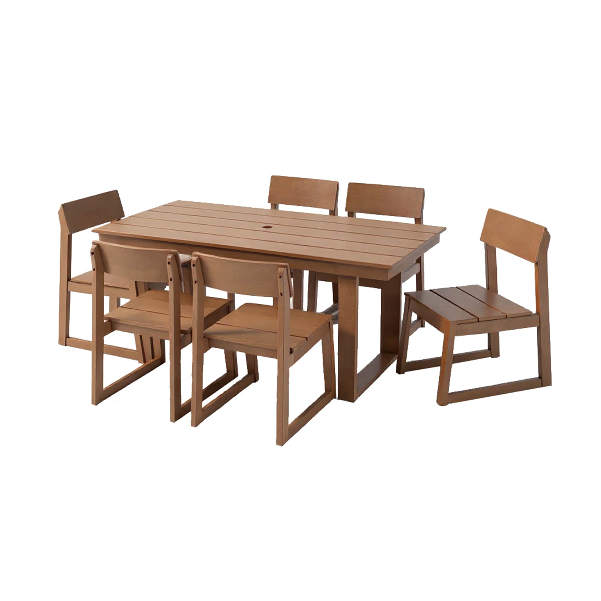 Bybafun YF0300003 7 -Piece Brown Patio Dining Set Plastic Rectangle Table with 6 Stationary Chairs