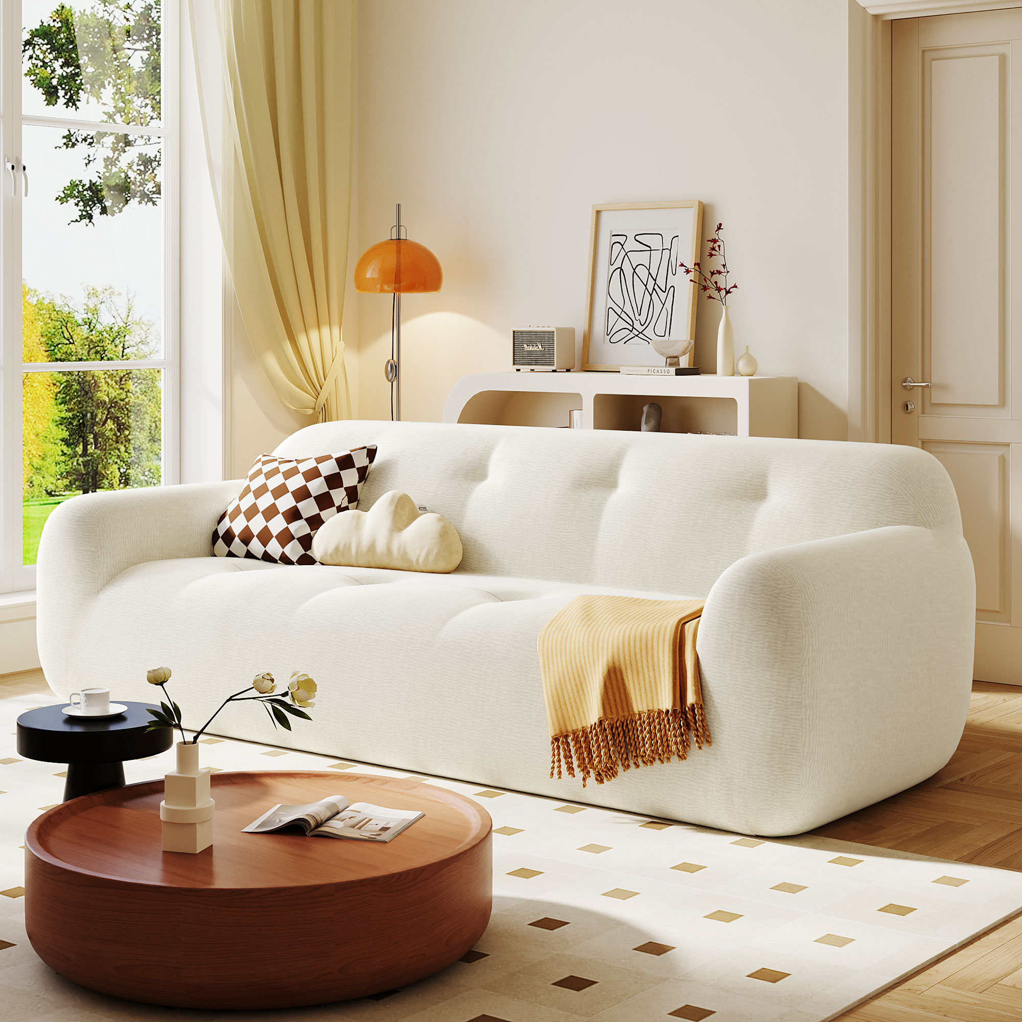 LOVMOR SF-Y-N711P281401A 85.8in  Wide Chenille Fabric 3 Seater Sofa with Tufted Style Full Sponge Compression Design with Powder Free Foam Pocket Spring for Extra Comfort 23.6in  Seat Depth No Assembly Requiredfor L