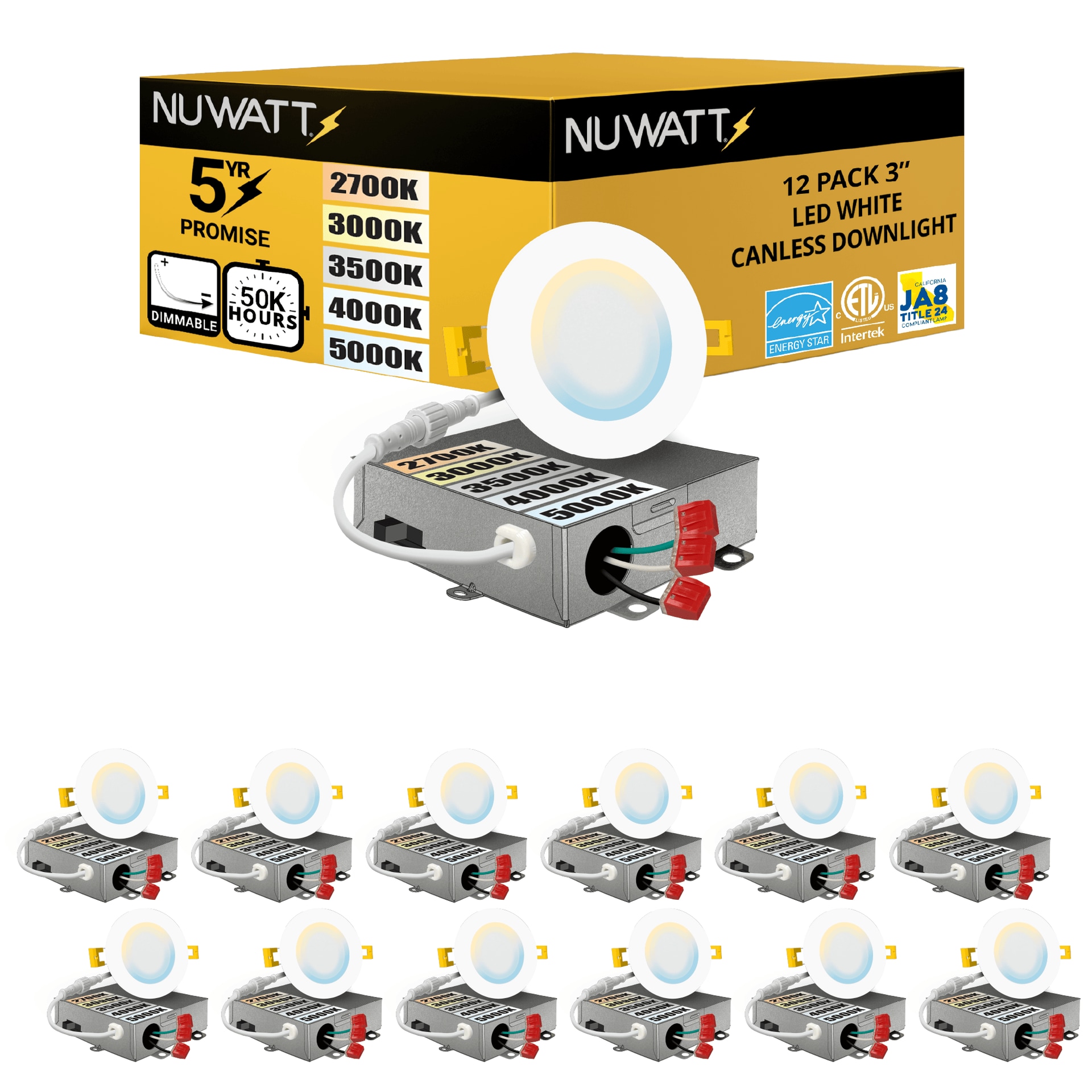 NUWATT NWP-DL-3-8W5CT-WH12P Ultra Slim Airtight IC White 3-in 550 -Lumens Switchable Round Dimmable LED Canless Wet rated Recessed Downlight 12 -Pack