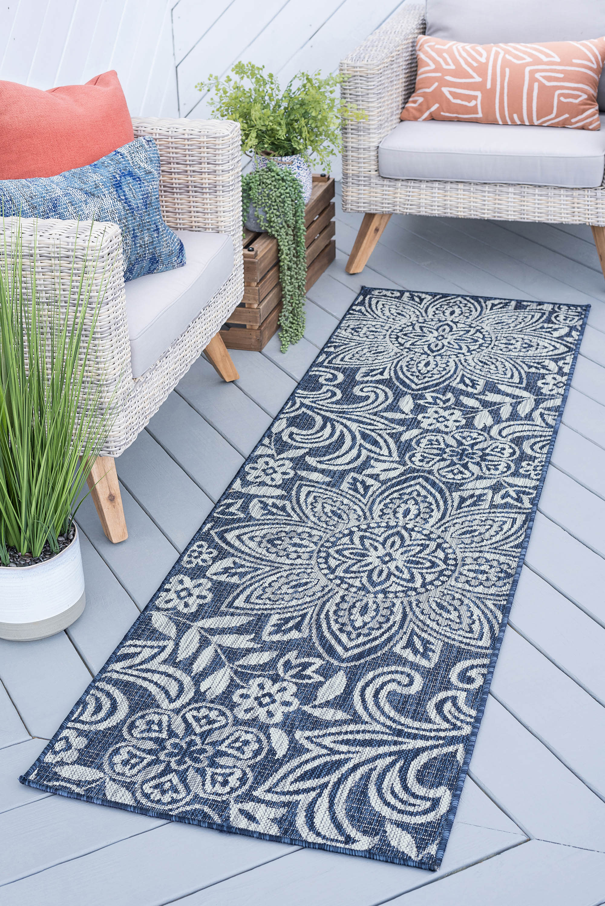 Tayse VND2607 2X10 Veranda 2 x 10 (ft) Flatweave Polypropylene Blue Rectangular Indoor/Outdoor Floral/Botanical Coastal Runner rug