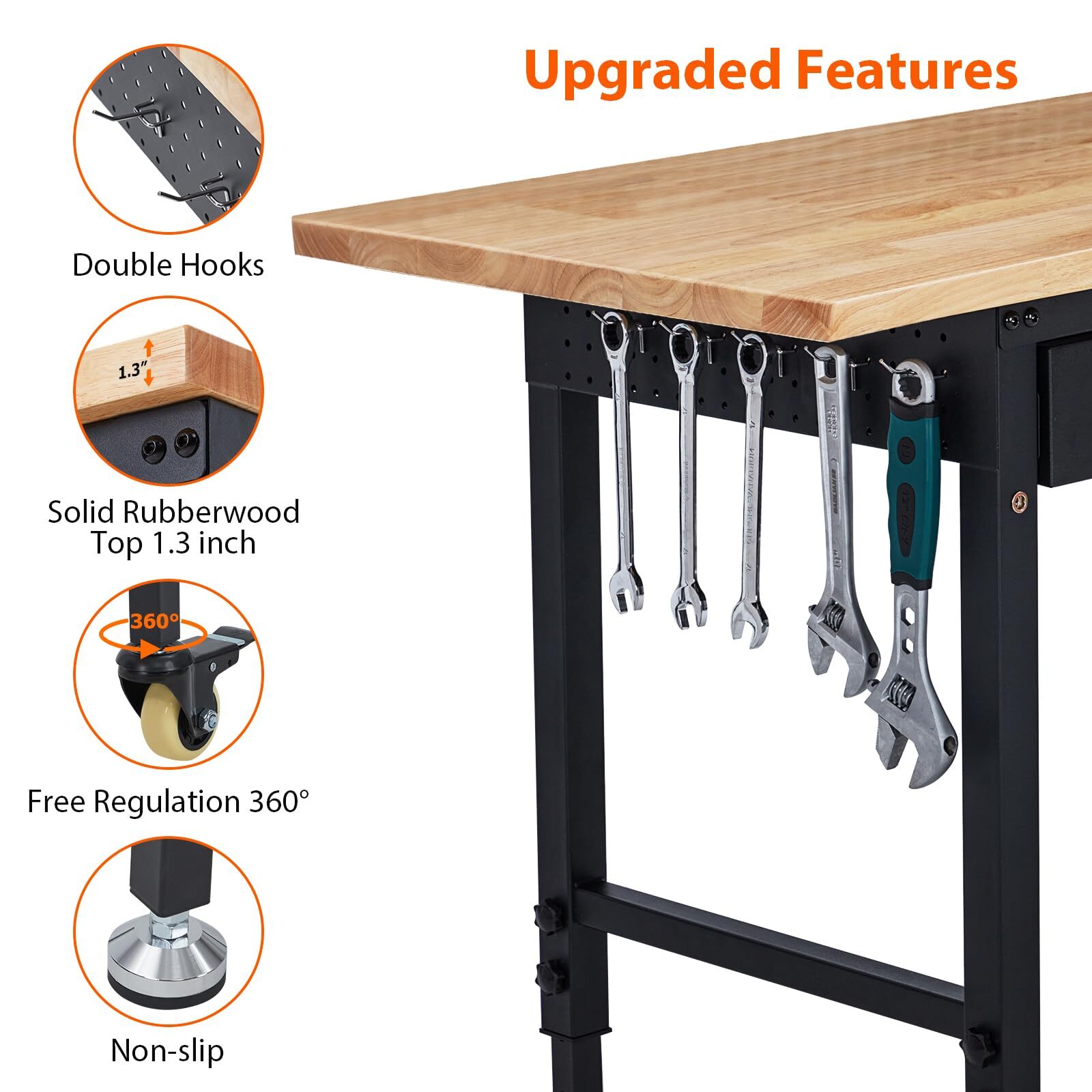 DEXSO 60 Inch Heavy Duty Adjustable Workbench 2000 Lbs Capacity Rubber Wood Top Storage Drawer Black Sansujyuku sansujyuku.com