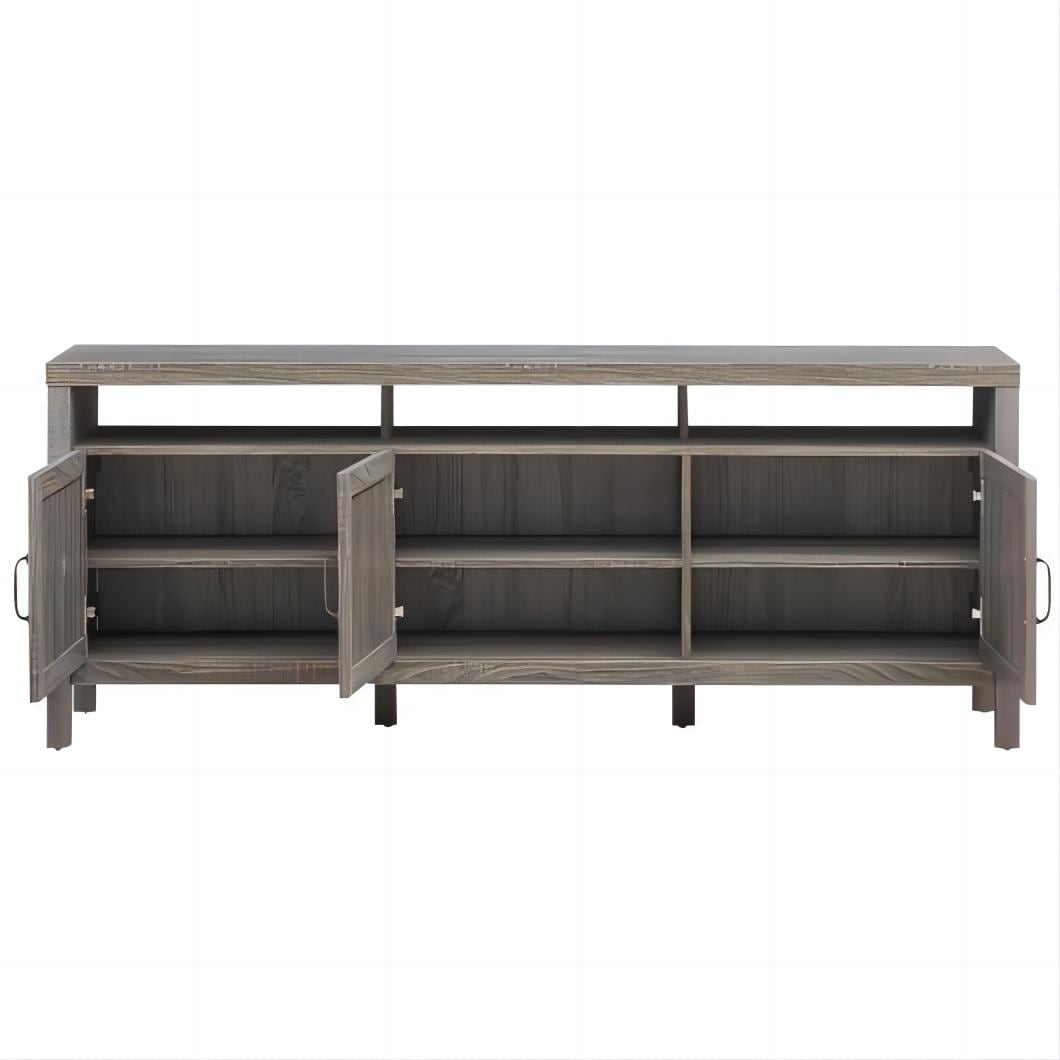 Gray Solid Wood TV Stand with Rattan Cabinet Doors