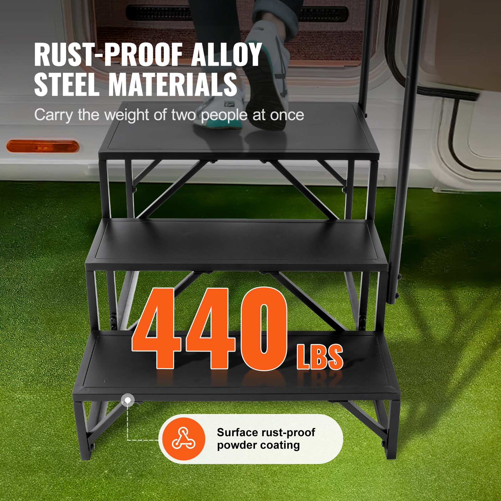 Black Carbon Steel 3-Step RV Stairs with Handrail