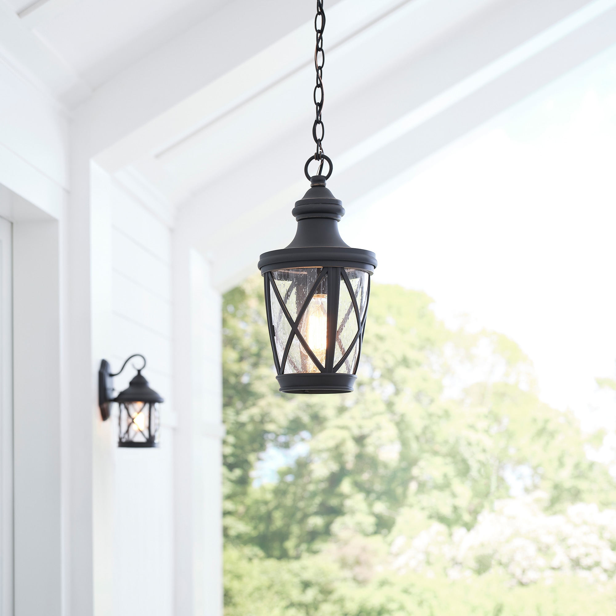 allen roth Castine Bronze Craftsman Seeded Glass Lantern LED Medium Outdoor Hanging Pendant Light 41995 at Lowes