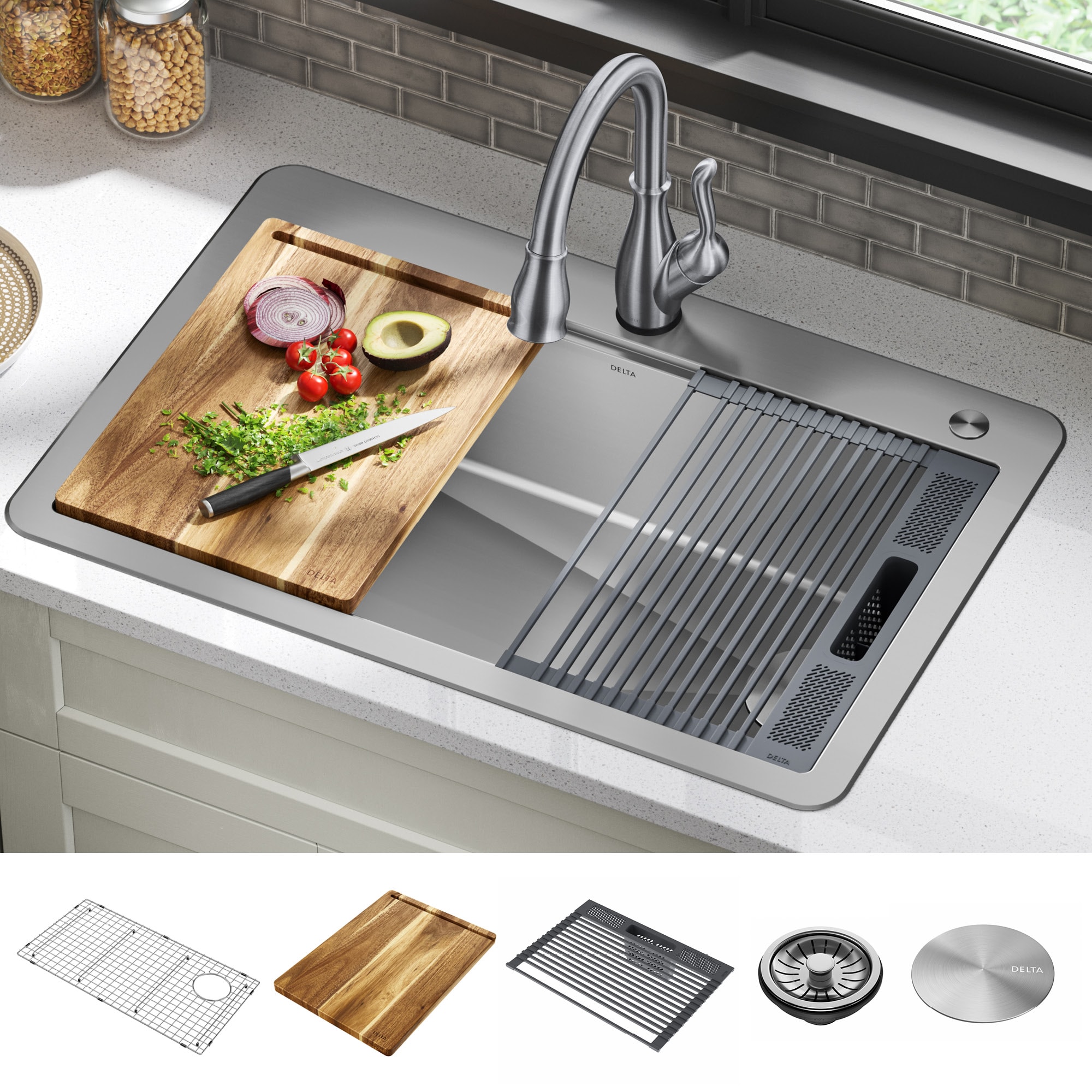 Delta Lorelai Drop-In 33-in x 22-in Stainless Steel Single Bowl 2-Hole Workstation  Kitchen Sink with Drainboard in the Kitchen Sinks department at