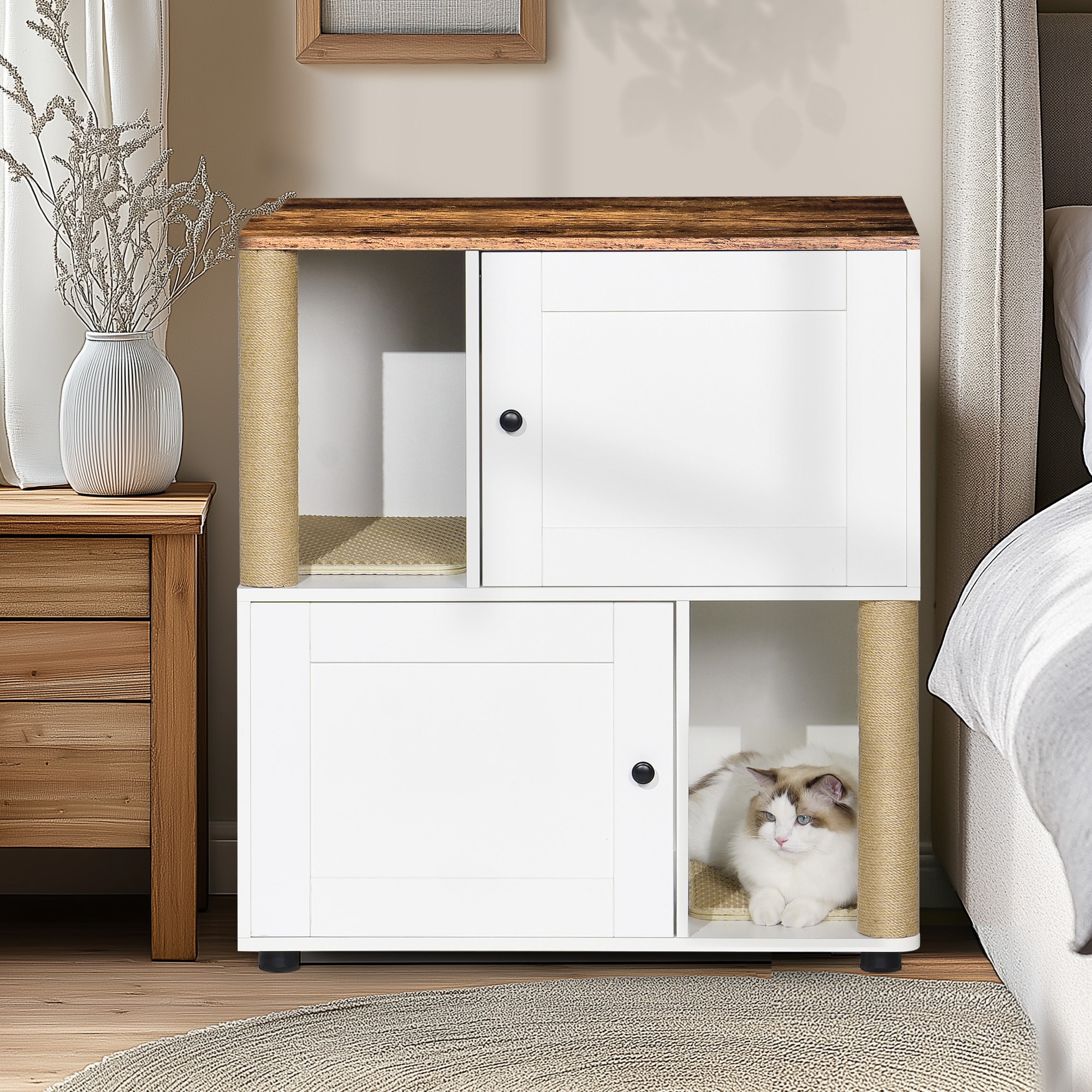 LUXEYARD Double Cat Litter Box EnclouseCat Litter Box Enclosure for 2 Cats Cat Litter Cabinet Double Litter Box Enclosure with Shelve Fit Most of Litter Box White+Vintage