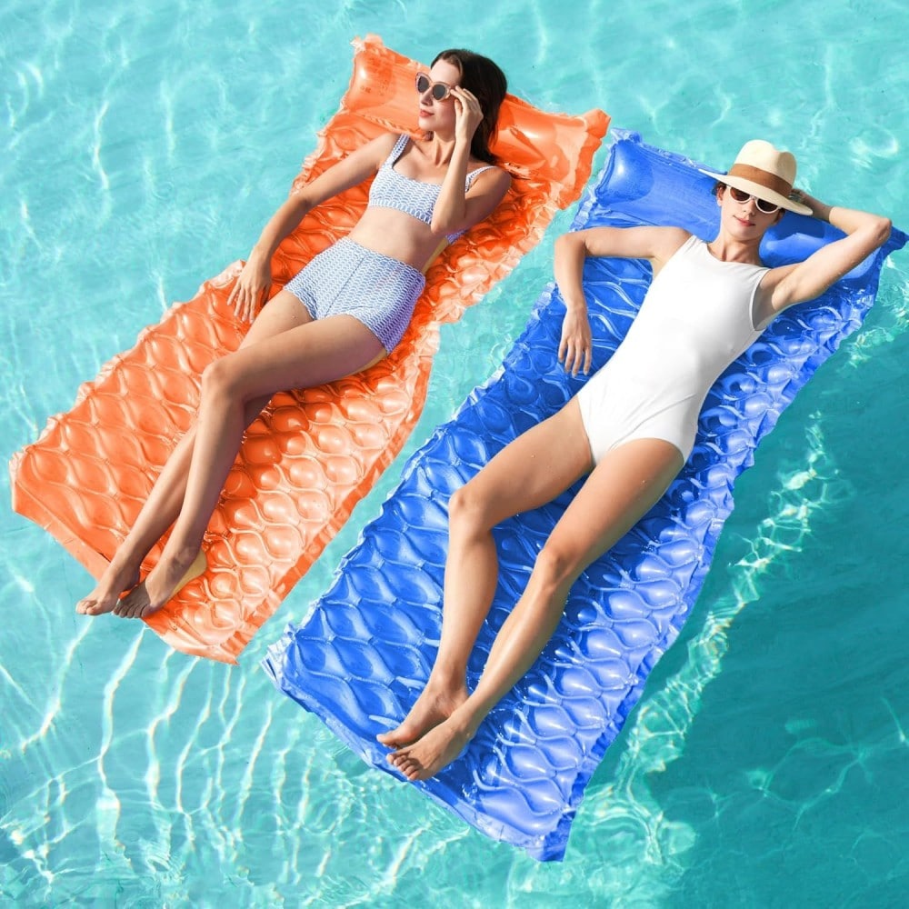 YOSIMFUR 2 Pack 64-in x 32-in Inflatable Pool Floating Lounge Mat with Headrest Adult Air Float Raft for Summer Pool Beach Water Entertainment