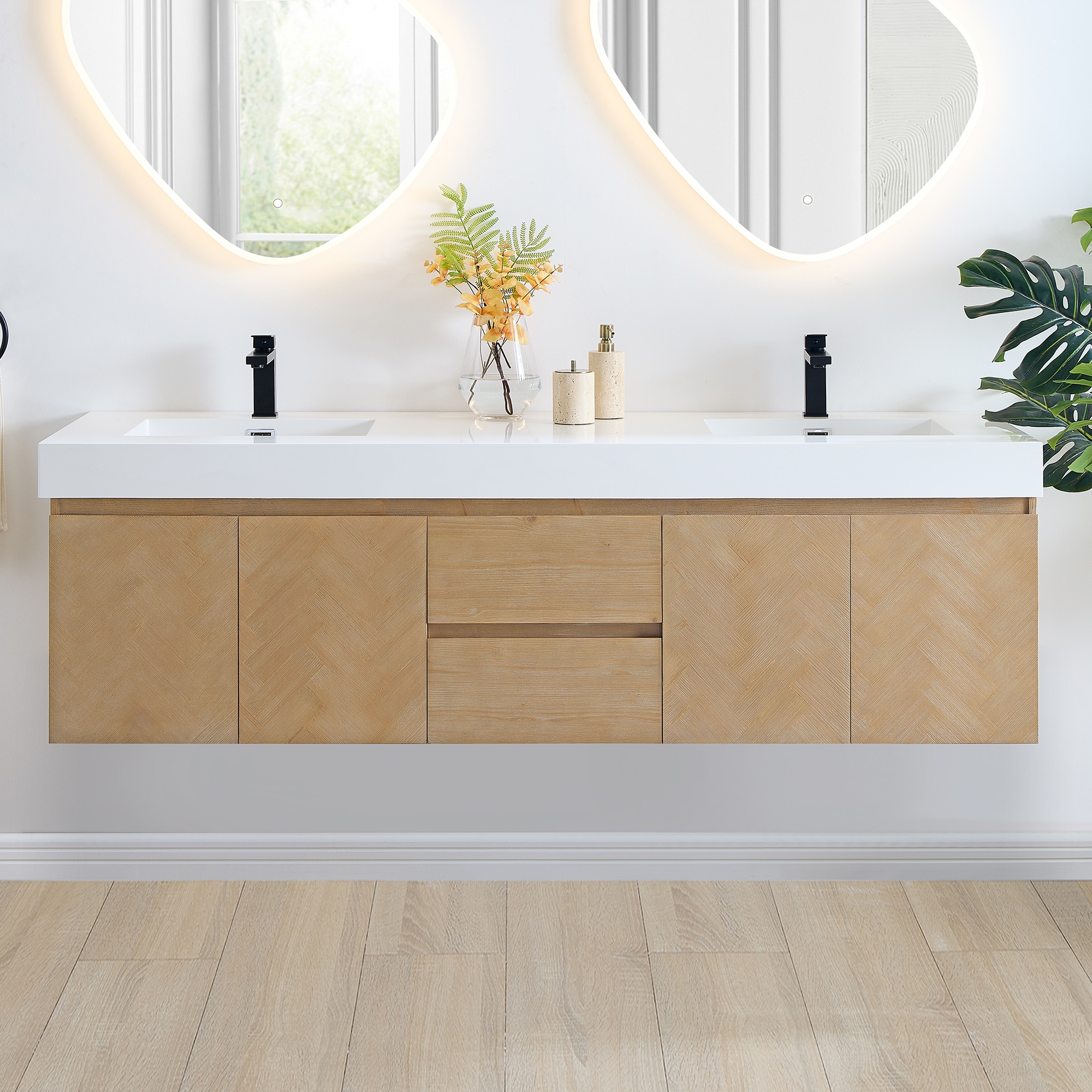 Altair 564072-LB-WH-NM Siena 72-in Light Brown Double Sink Floating Bathroom Vanity with White Engineered Stone Top
