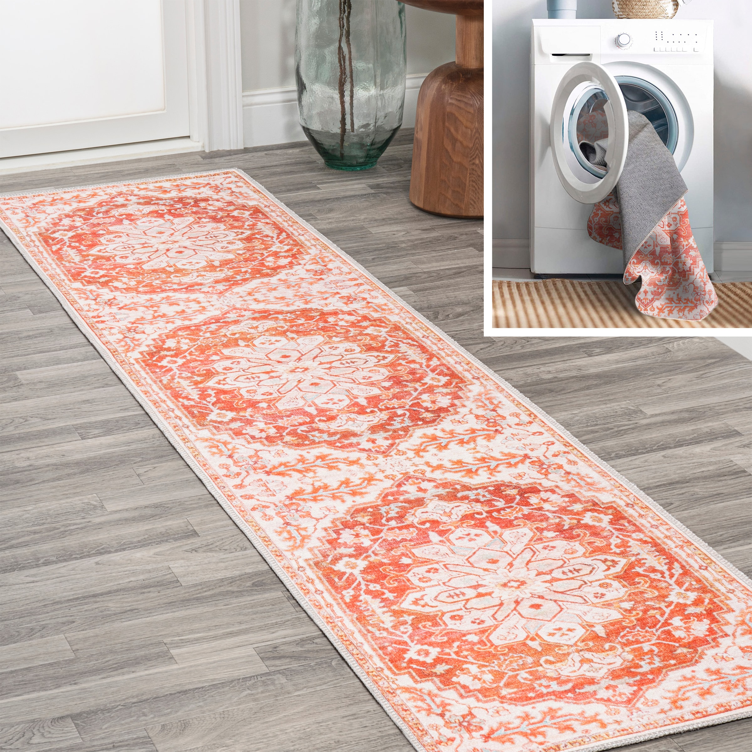 JONATHAN  Y WSH108A-210 WASHABLE Asa Ornate Medallion 2 x 10 (ft) Loomed Polypropylene Orange/Cream Rectangular Indoor Border Bohemian/Eclectic Machine washable Runner rug