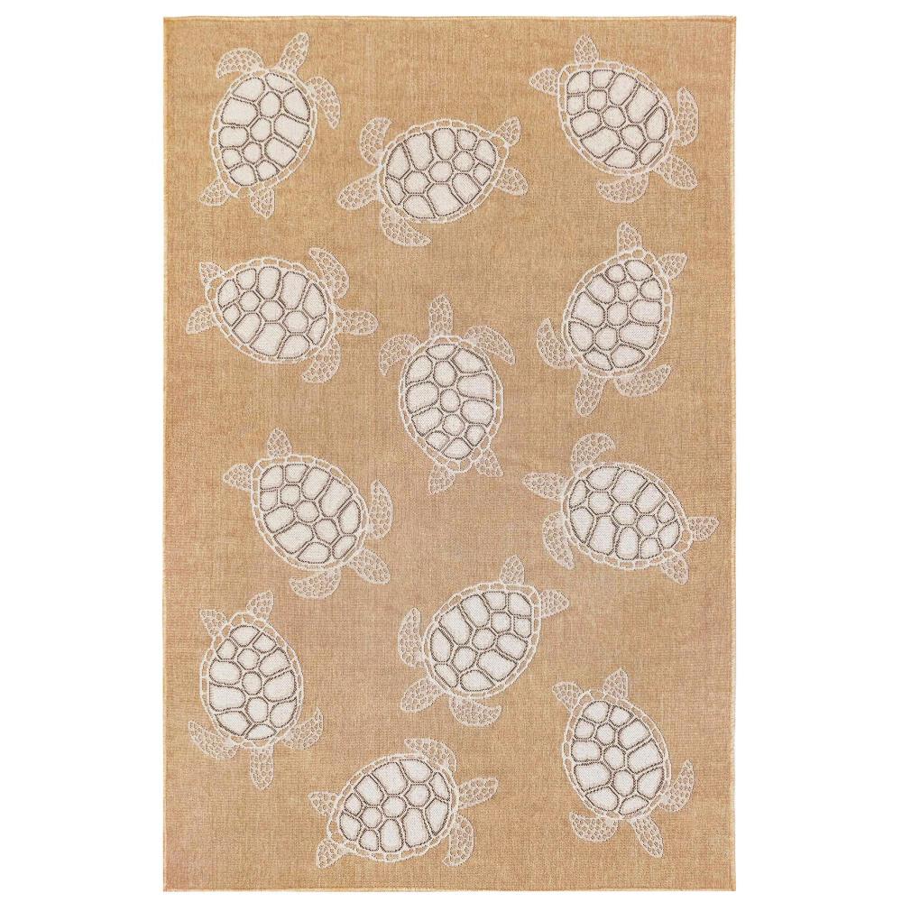 Sand Beige Synthetic Flat Woven Rectangular Rug with Sea Turtle Design