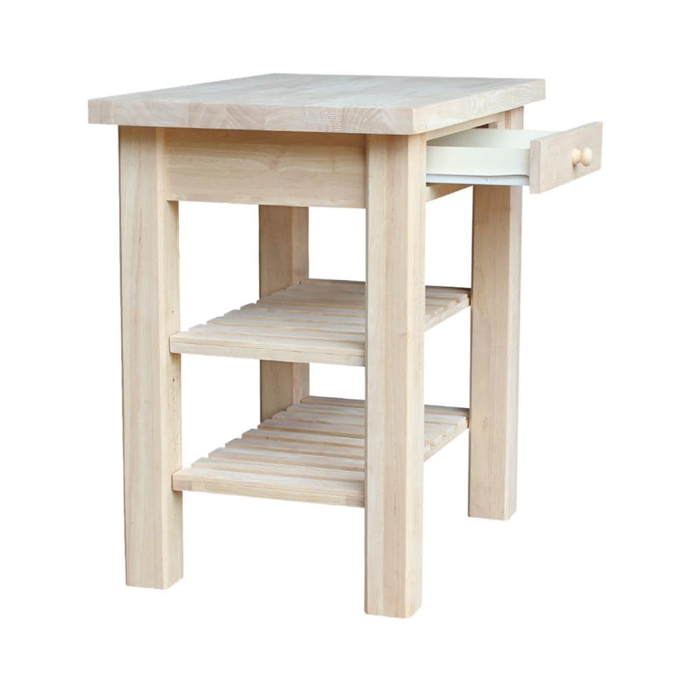 Natural Unfinished Parawood Kitchen Island with Drawer and Shelves