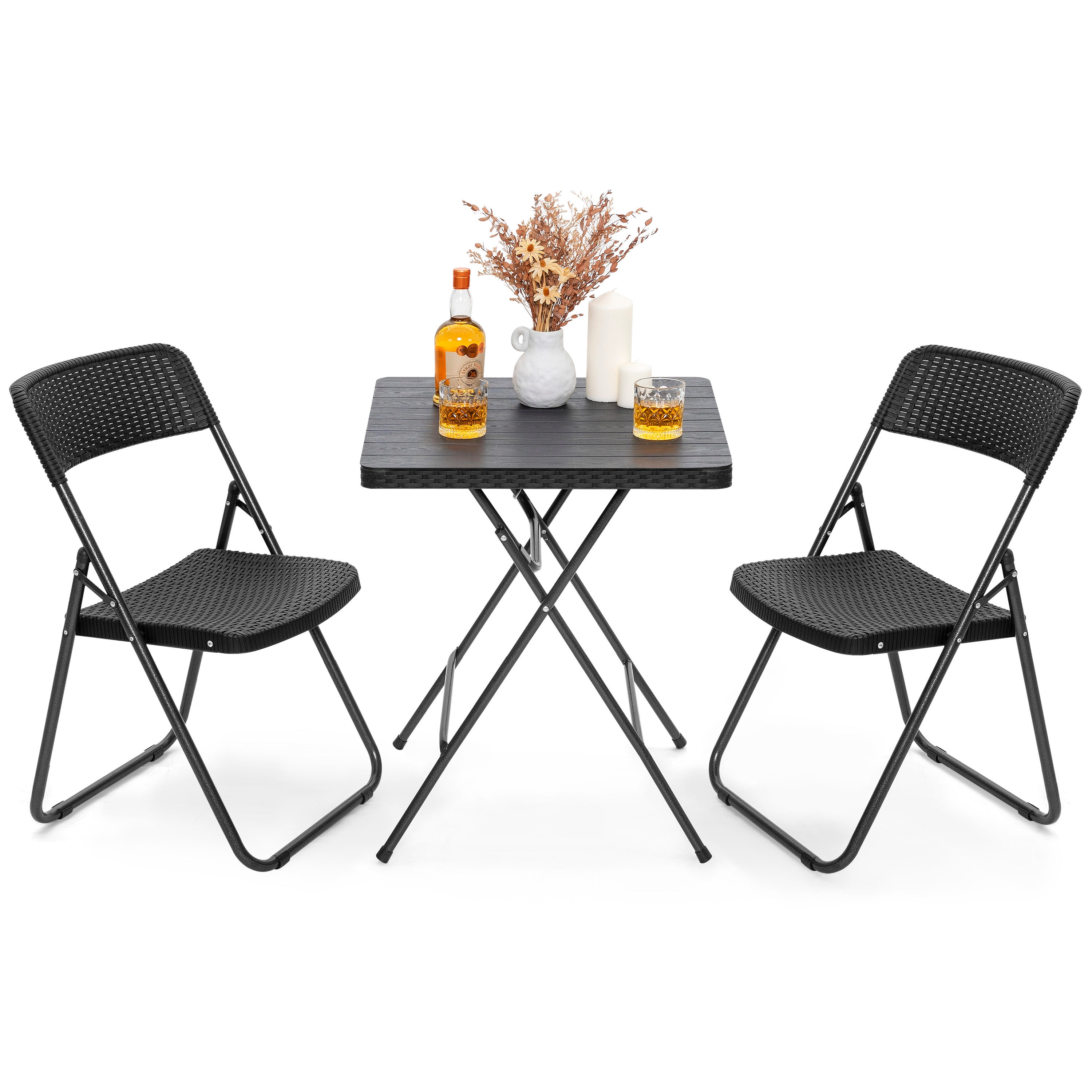 Nuu Garden SWD009-01 3 -Piece Black Rattan Bistro Patio Dining Set Iron Square Table with 2 Stationary Chairs