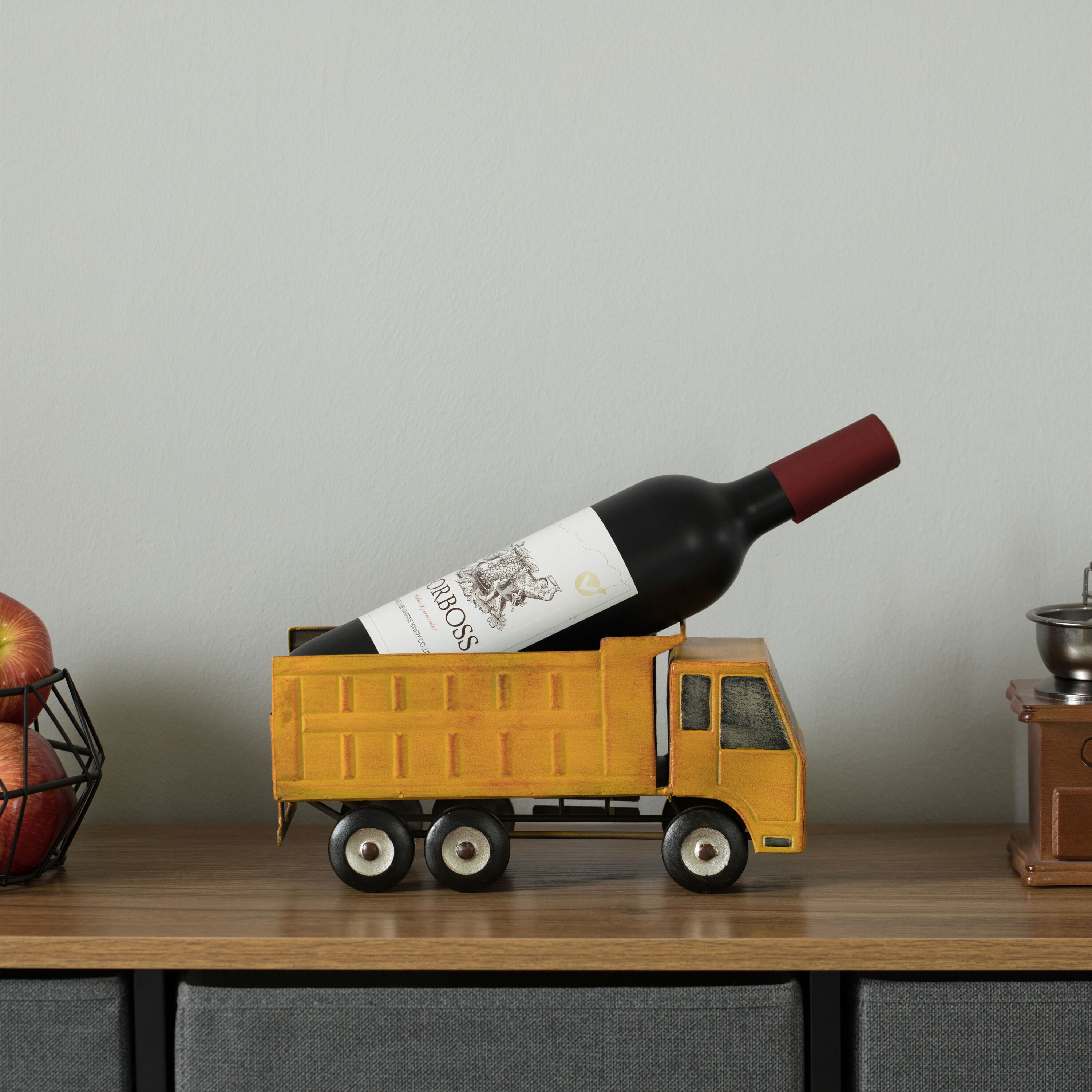 Rustic Yellow Metal Truck Novelty Wine Rack for Tabletop