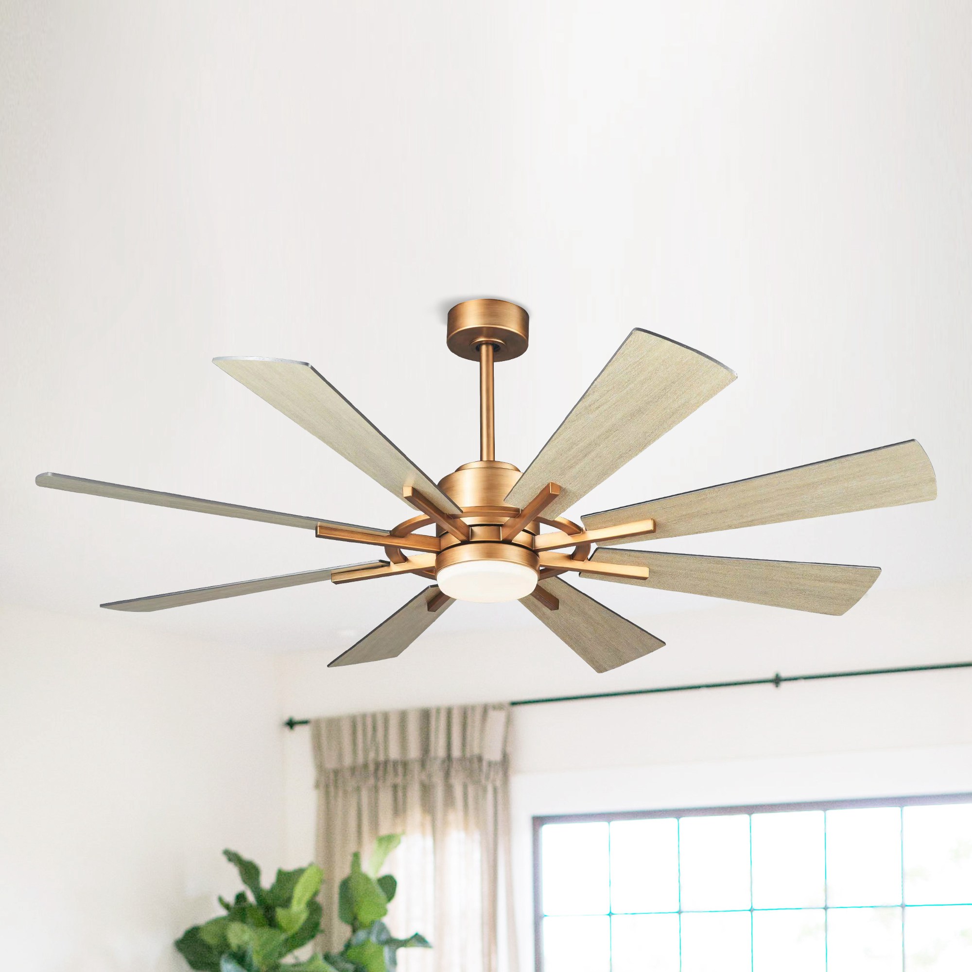 60-in Gold with Brown Blades Integrated LED Indoor/Outdoor Ceiling Fan with Light and Remote (8-Blade) | - Parrot Uncle F8217GD110V