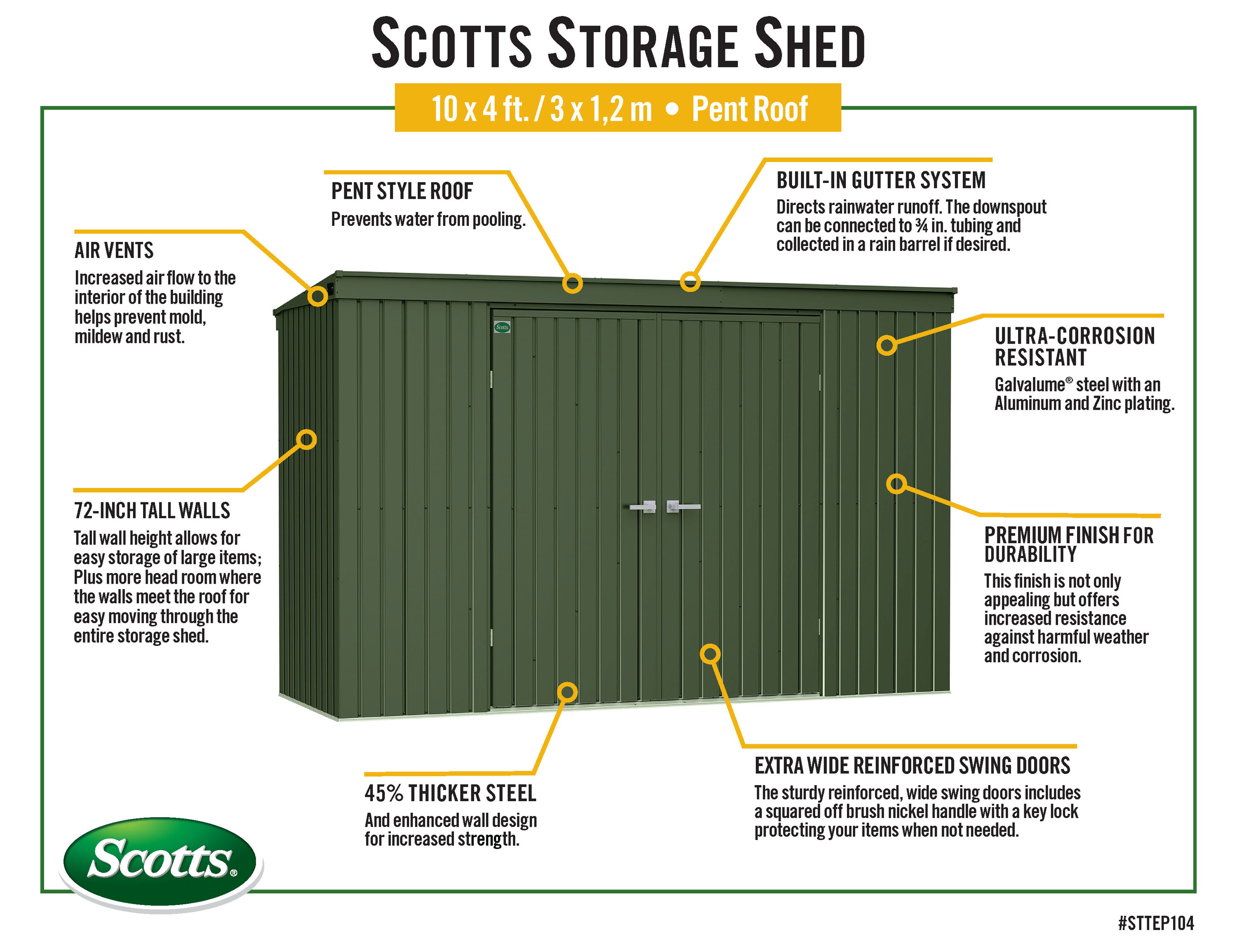 Scotts 10' x 4' Green Galvanized Steel Garden Storage Shed