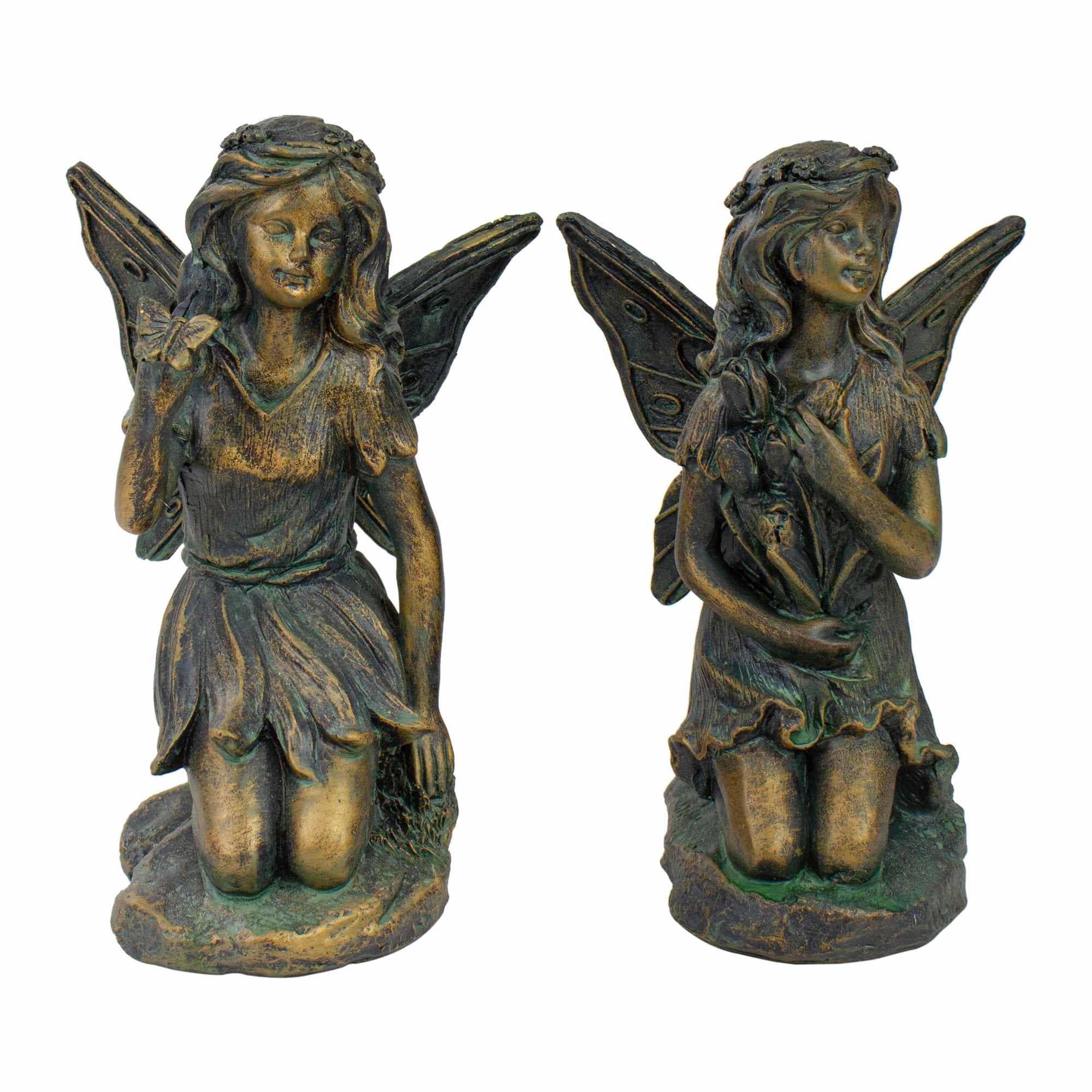 Northlight Set of 2 Bronze Kneeling Fairies With Flowers and a Butterfly Outdoor Garden Statues - 7 inch