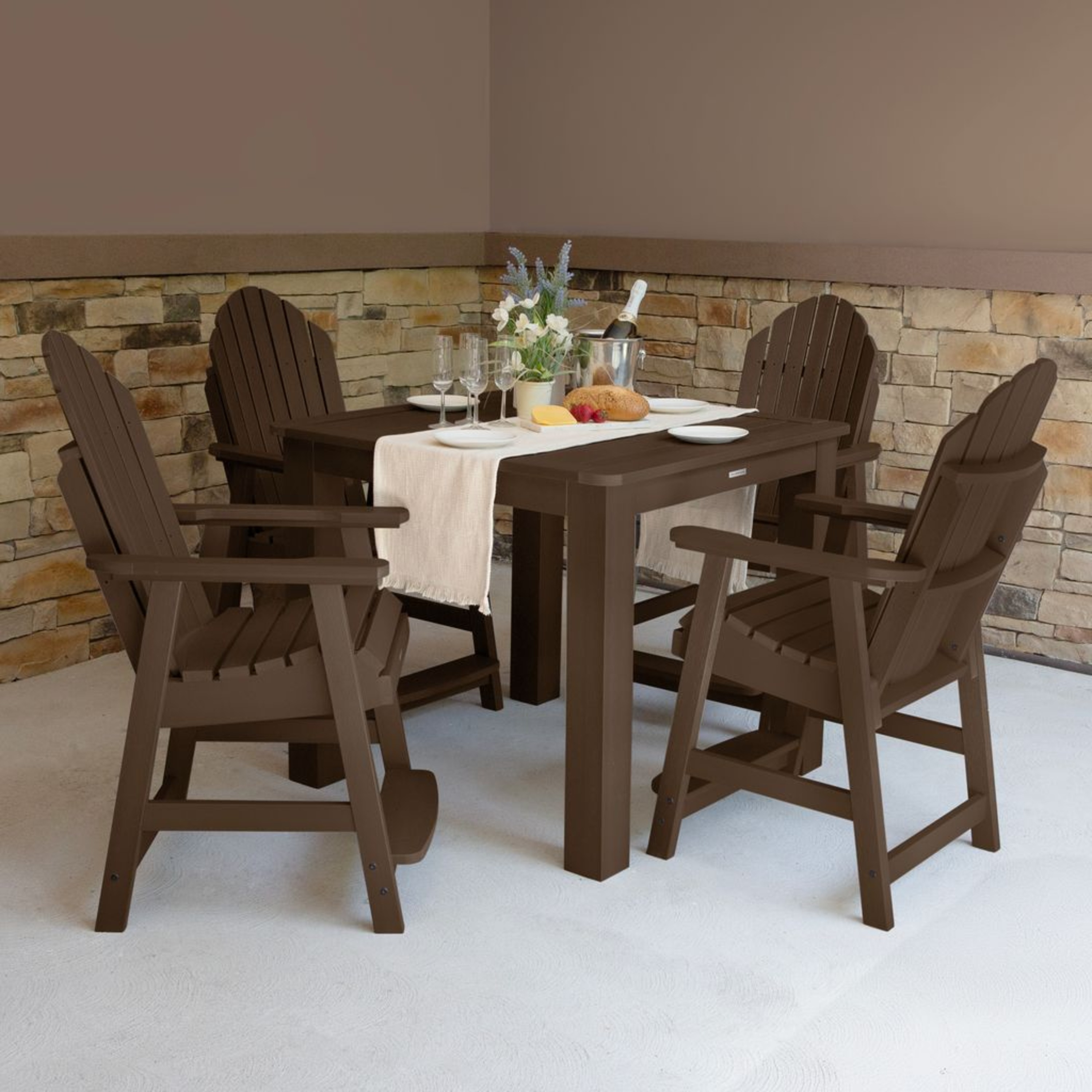 highwood AD-CNA44-ACE Hamilton 5 -Piece Weathered Acorn Bistro Patio Dining Set Plastic Square Table with 4 Stationary Chairs