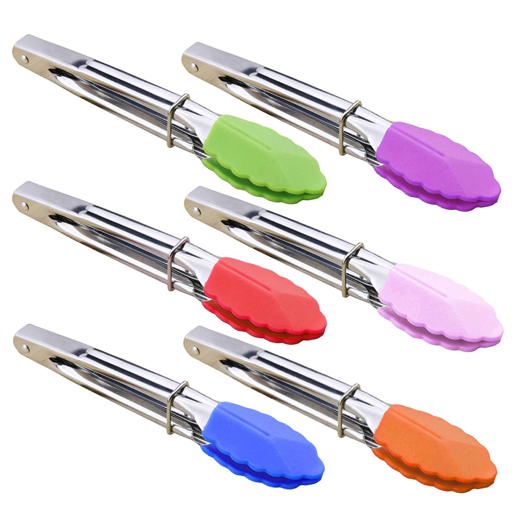 Anqtovp  Small Silicone Tip Tongs 7 Inch Mini Serving Tongs Set of 6 Multicolor Heat Resistant Nonstick Kitchen Utensils for Salad Ice Food