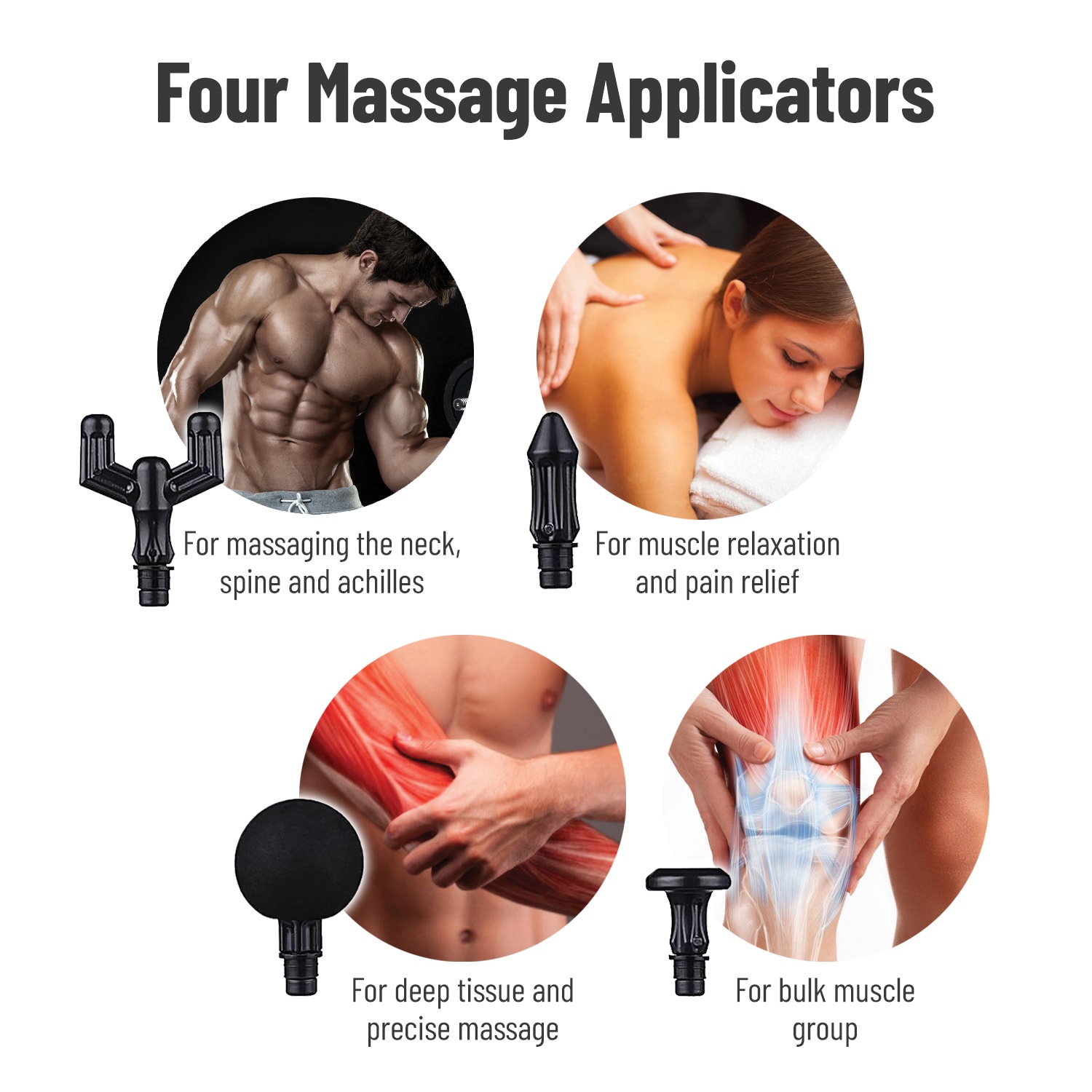 Total Massage Gun Black, Deep Tissue Muscle Massager, 8 Attachments Back  Neck Foot Knees - Total Massage Gun