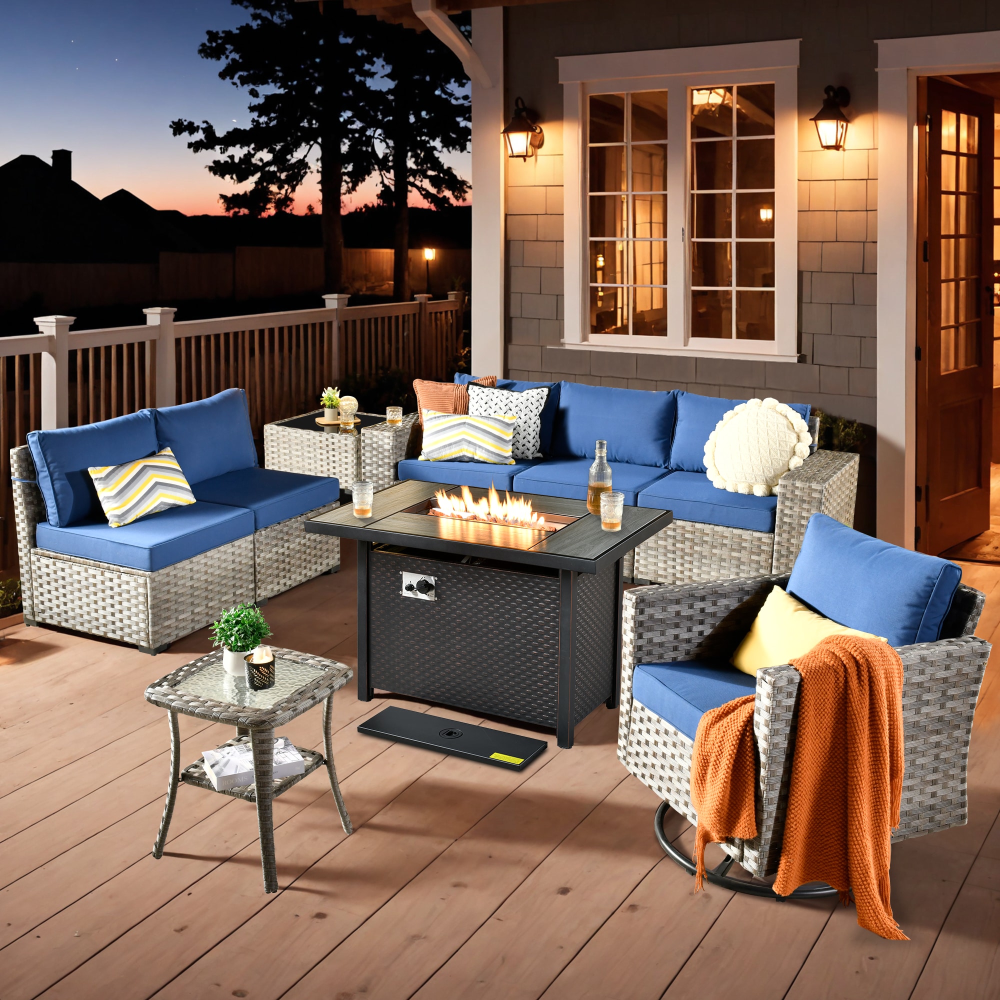 Pouuin SCFPBBR7-9 Wicker Outdoor Sectional with Navy Cushions and Wicker Frame