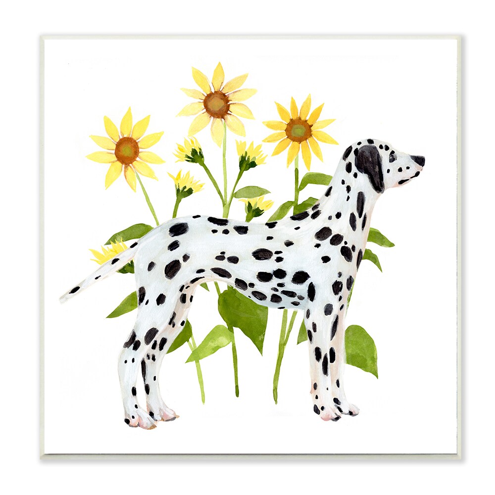 Stupell Industries AC-498-WD-12X12 Dalmatian Pet Dog Minimal Yellow Sunflower Field Annie Warren Framed 12-in H x 12-in W Floral Print
