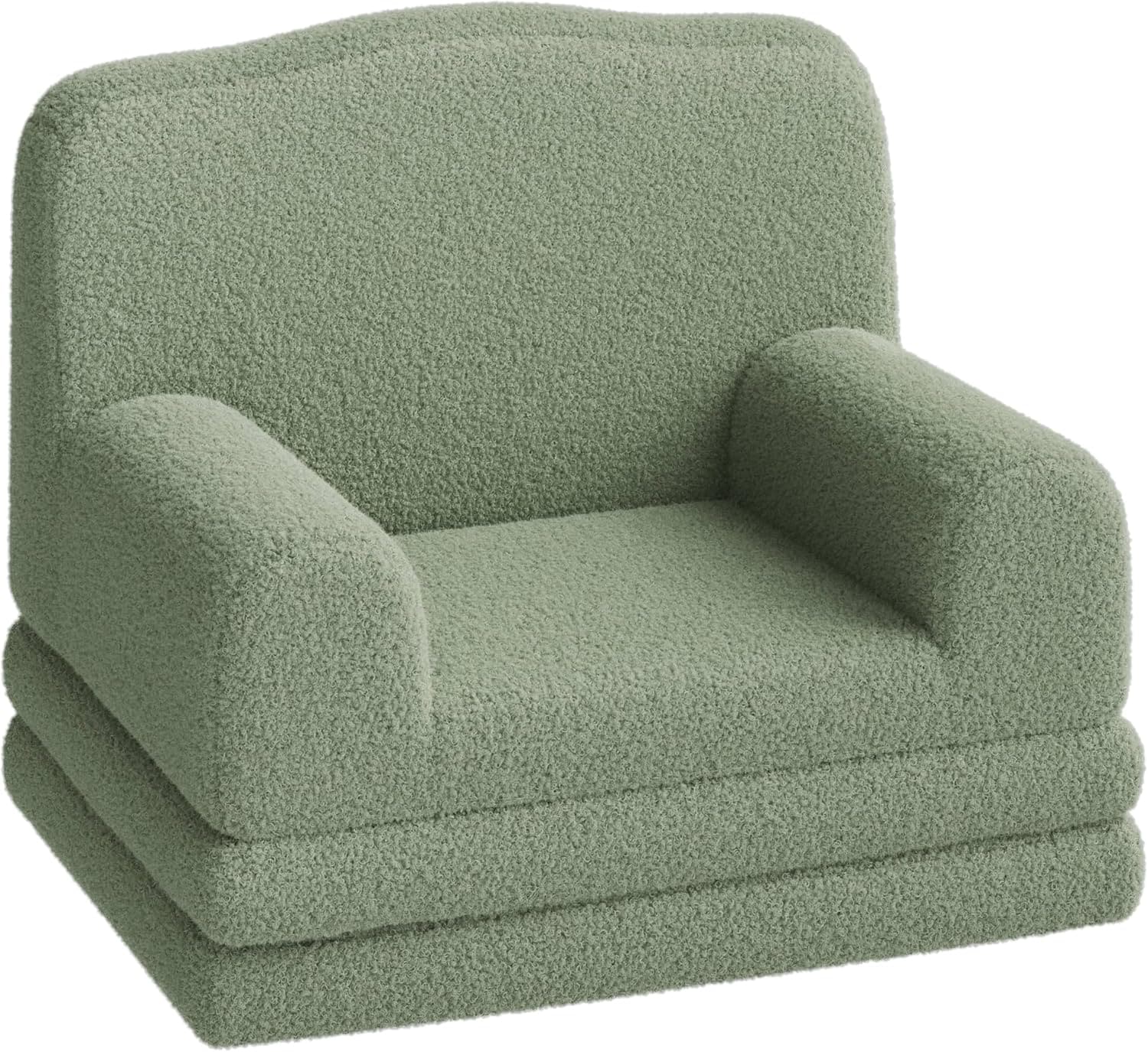 Qeetex DHZ-PHK-34RXFDMU Kids Couch 2 in 1 Comfy Toddler Couch Fold Out Convertible Sofa to Lounger Foam Kids Chair with Soft Sherpa Gift for Girls and Boys Green Crown Large