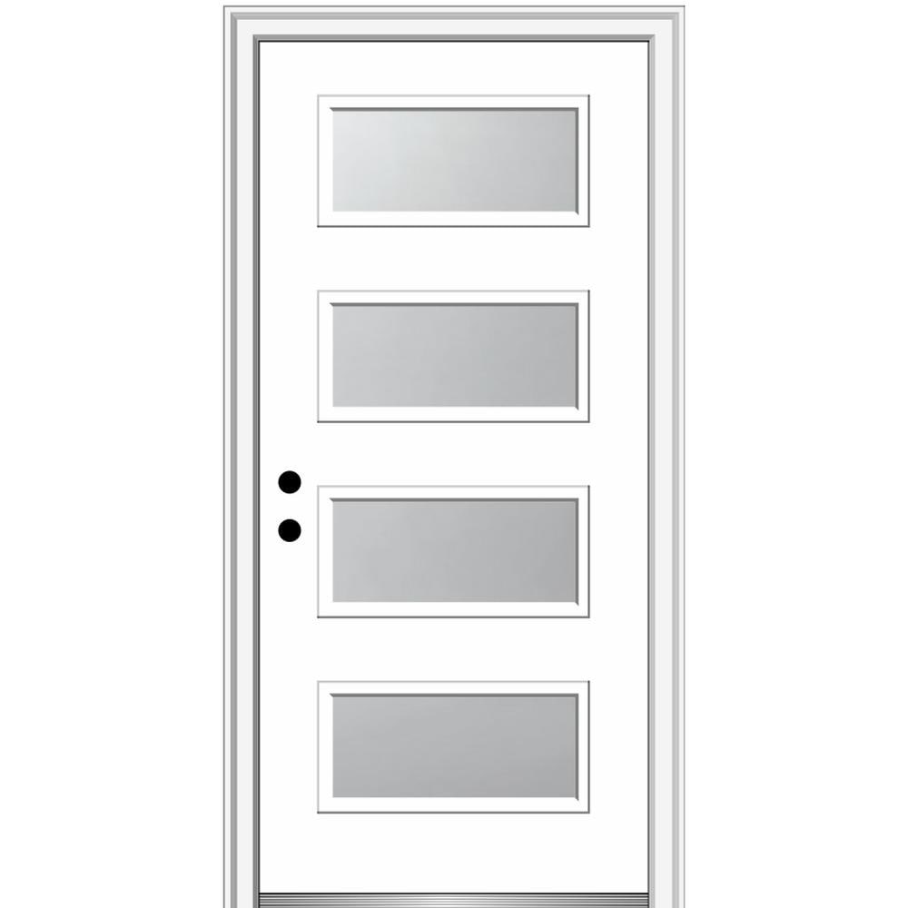 MMI DOOR ZZ346965R Spotlights 32-in x 80-in x 4-9/16-in Fiberglass Pulse lite Right-hand inswing Brilliant White Painted Prehung Front Door with Brickmould Insulating core